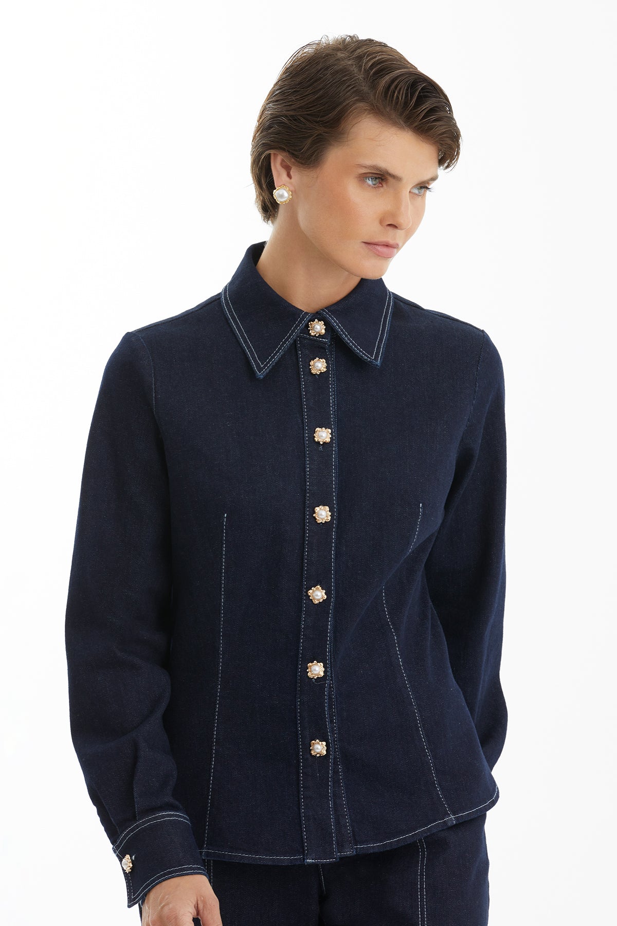 Kontrast Dikişli Lacivert Denim Gömlek