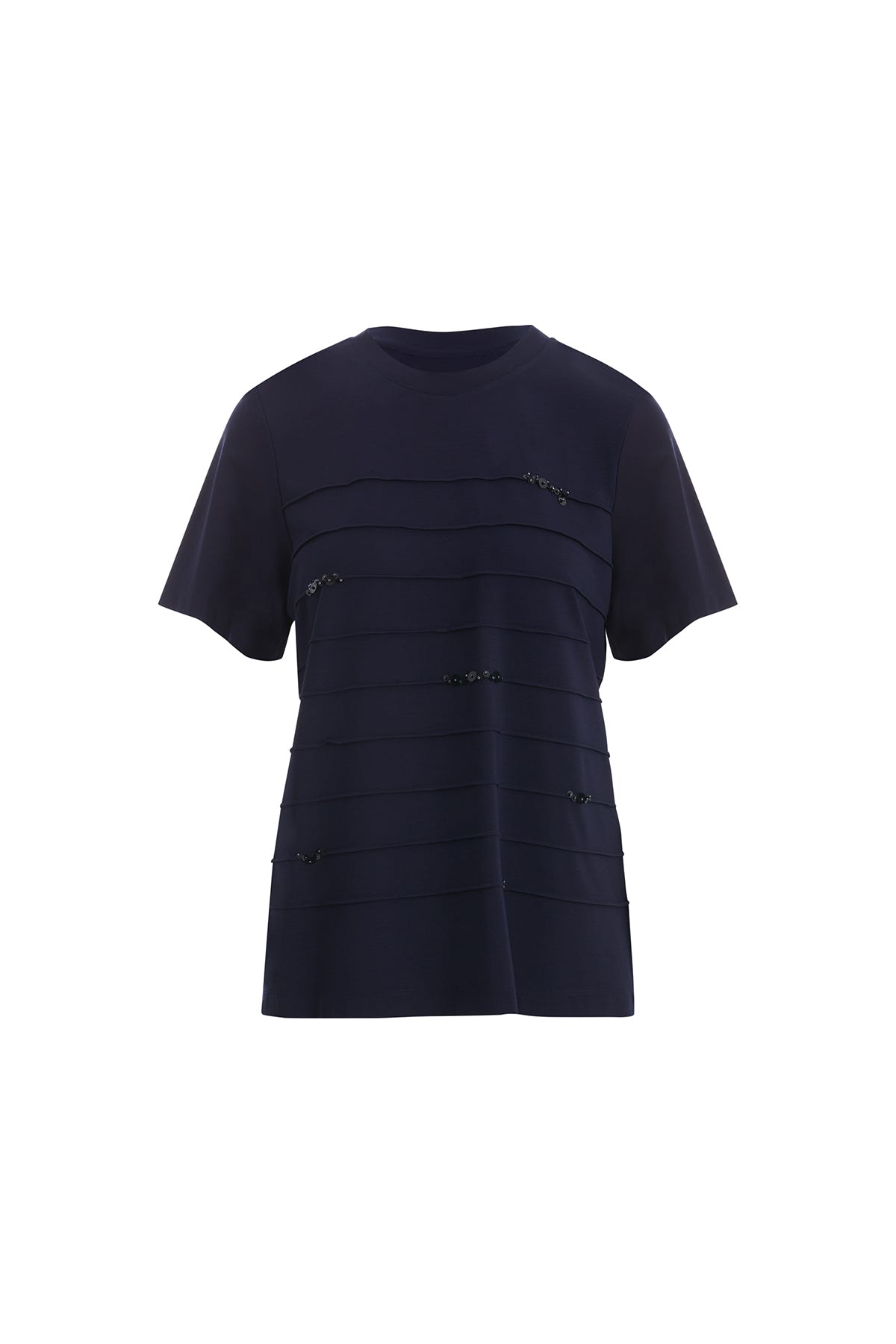 Dikiş Ve Pul Detaylı Lacivert T-Shirt