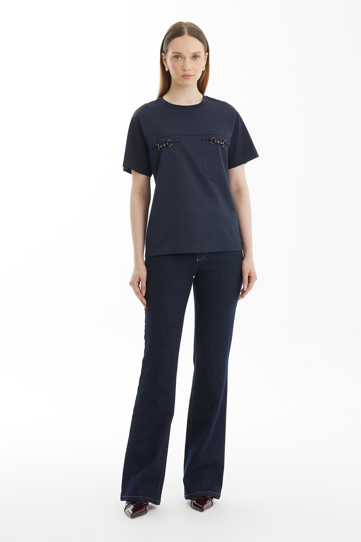 Cep Detaylı Poplin Garnili Lacivert T-Shirt