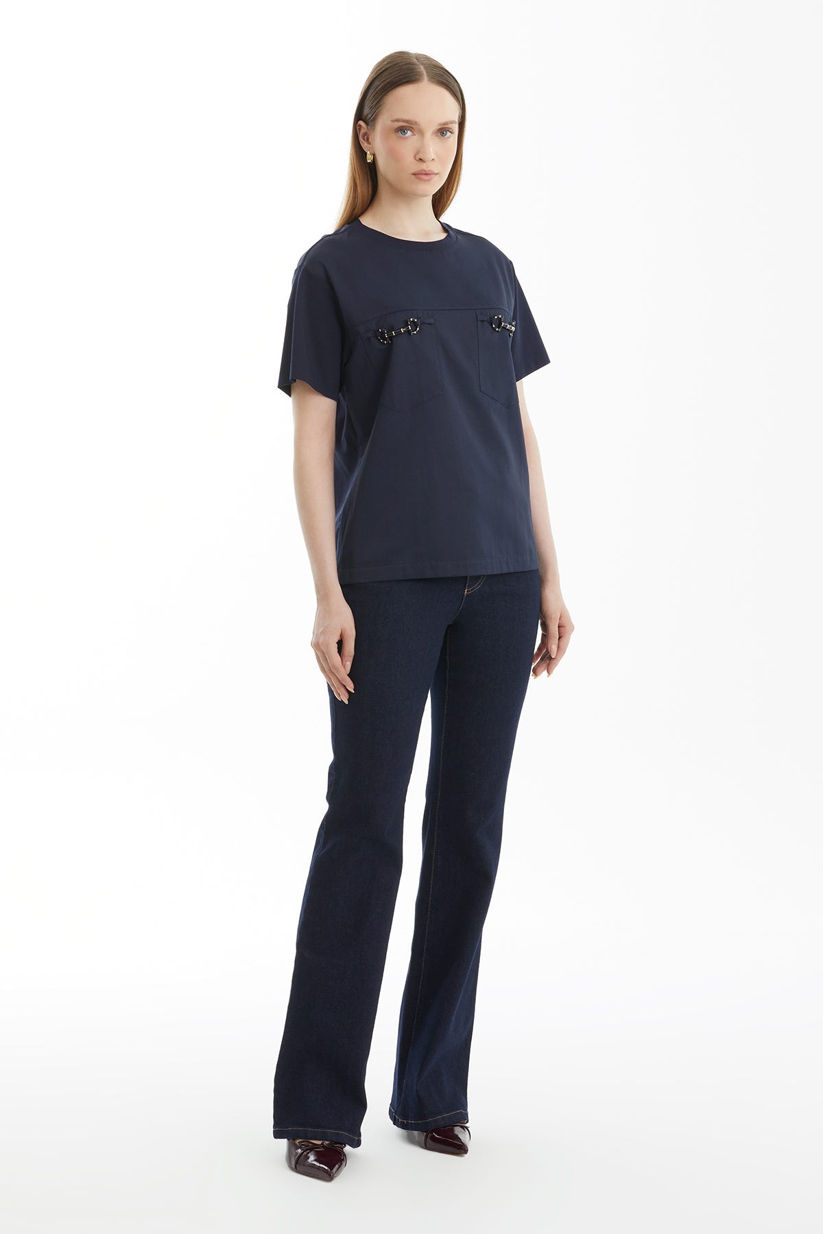 Cep Detaylı Poplin Garnili Lacivert T-Shirt