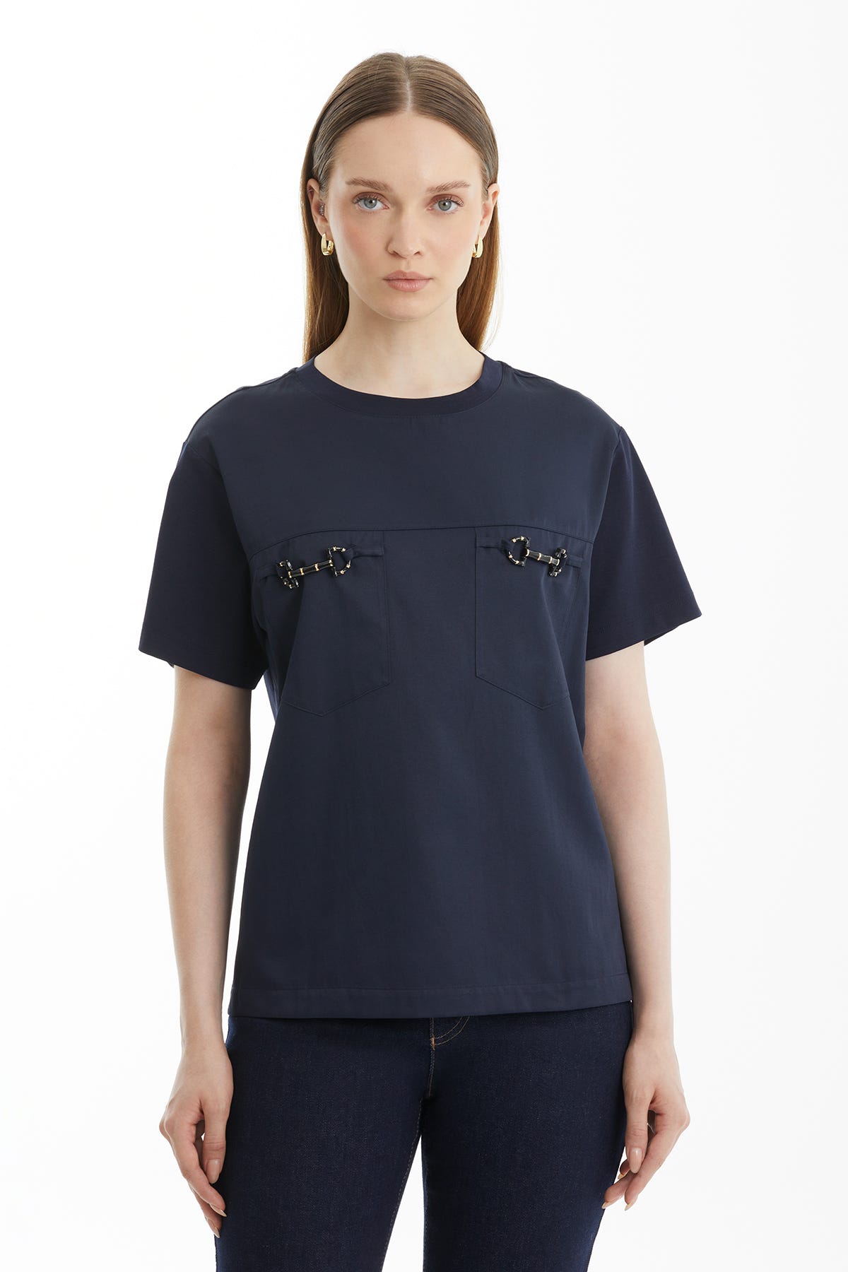 Cep Detaylı Poplin Garnili Lacivert T-Shirt