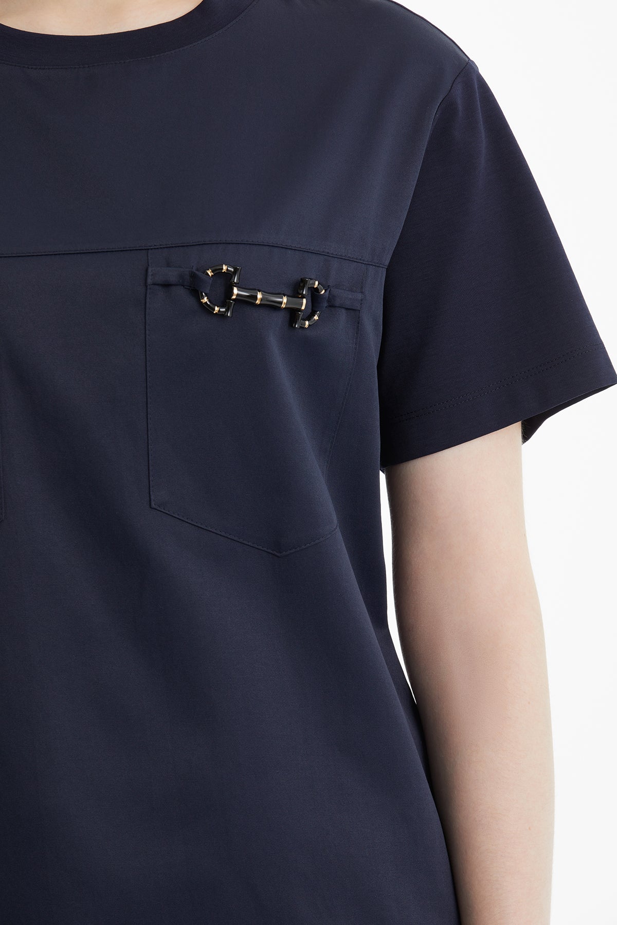 Cep Detaylı Poplin Garnili Lacivert T-Shirt