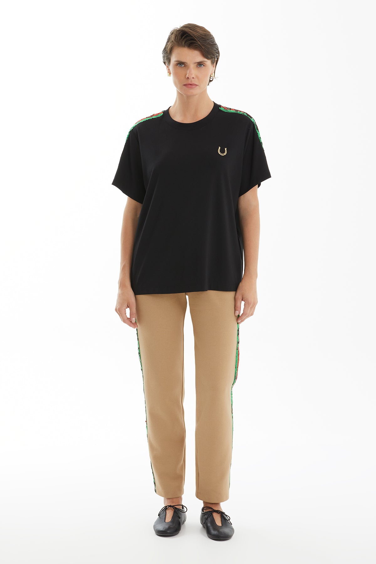 Şerit Detaylı Basic Siyah T-Shirt