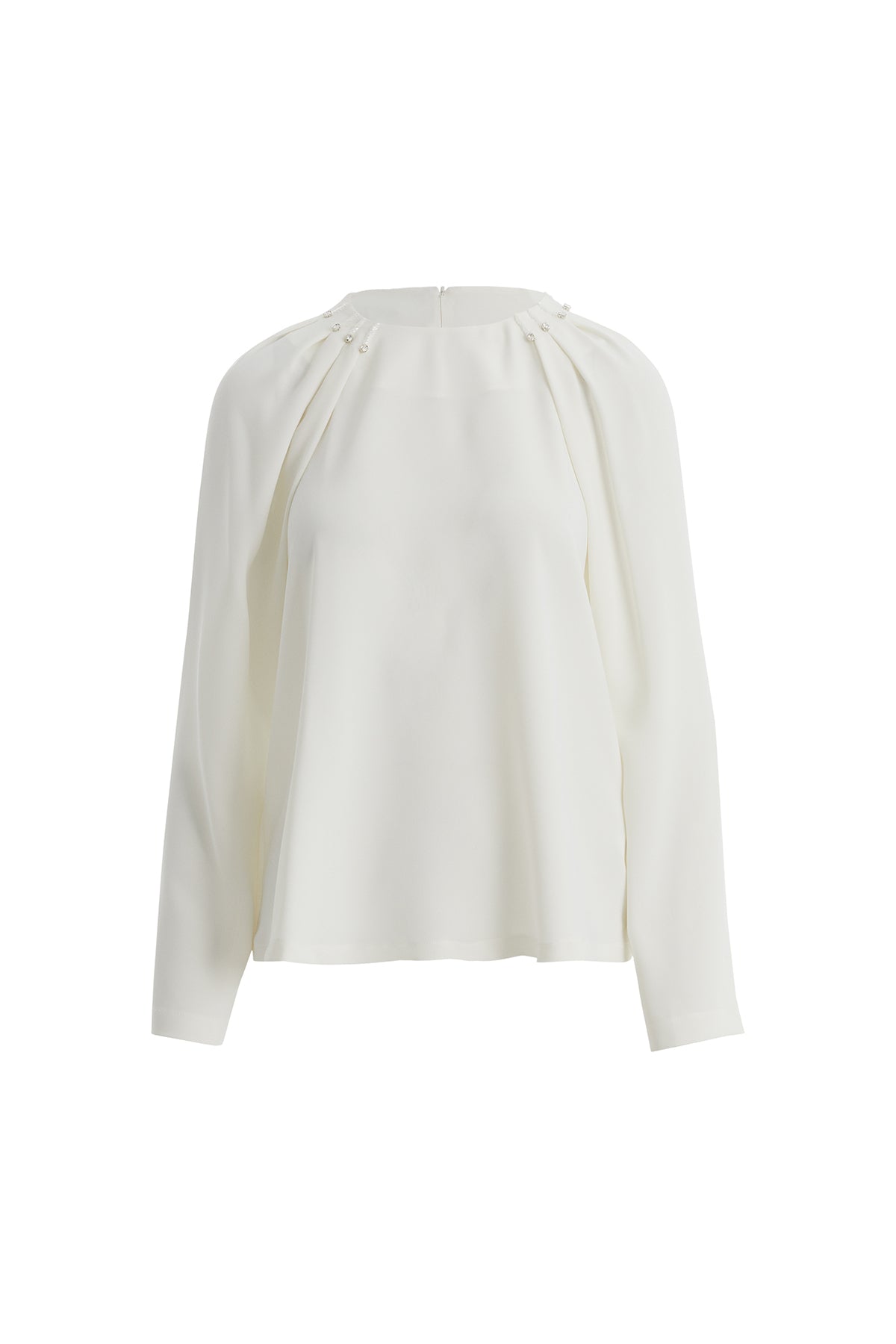 Taş İşlemeli Omuzda Pile Detaylı Ekru Bluz