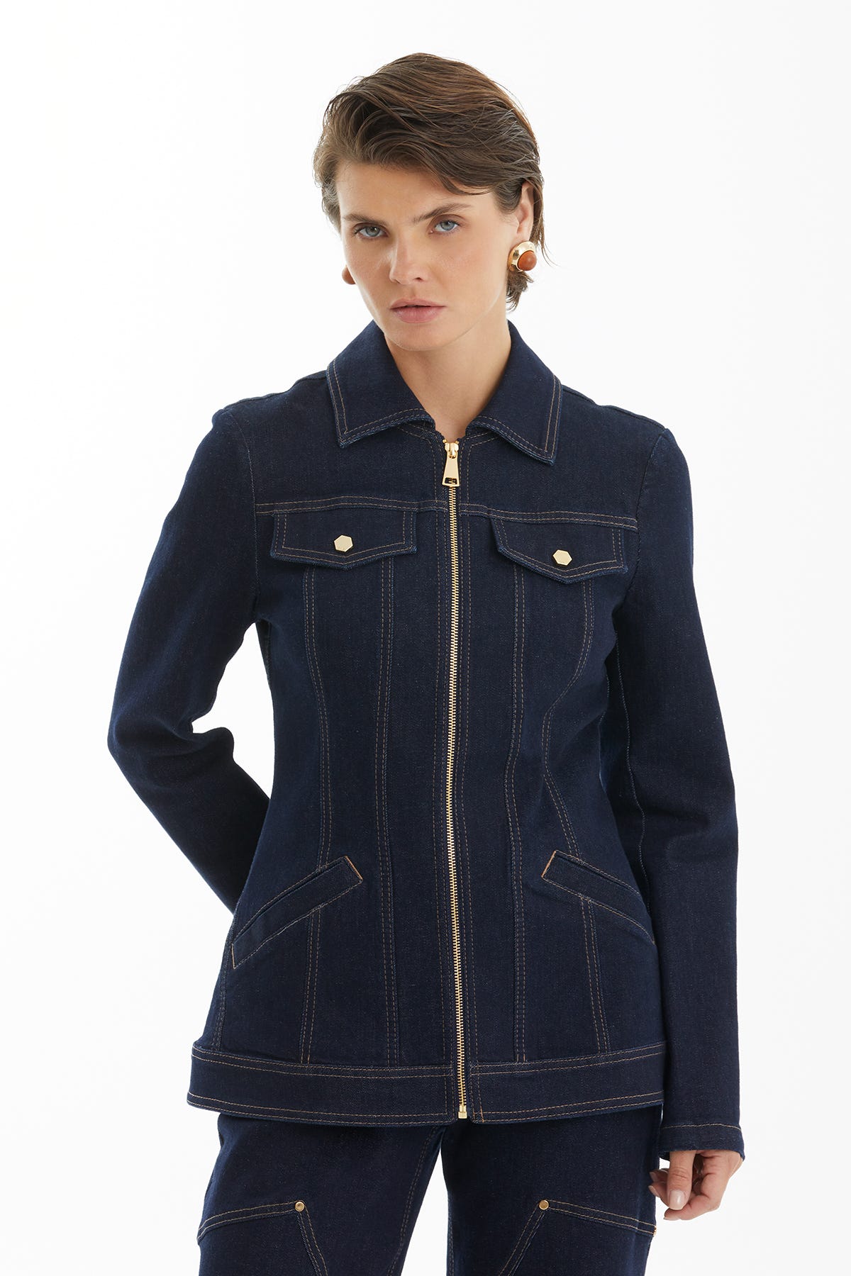 Fermuarlı Lacivert Denim Ceket
