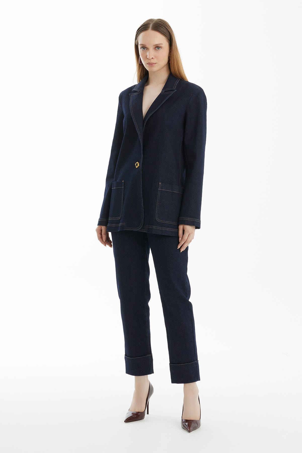 Mono Kapamalı Lacivert Denim Ceket