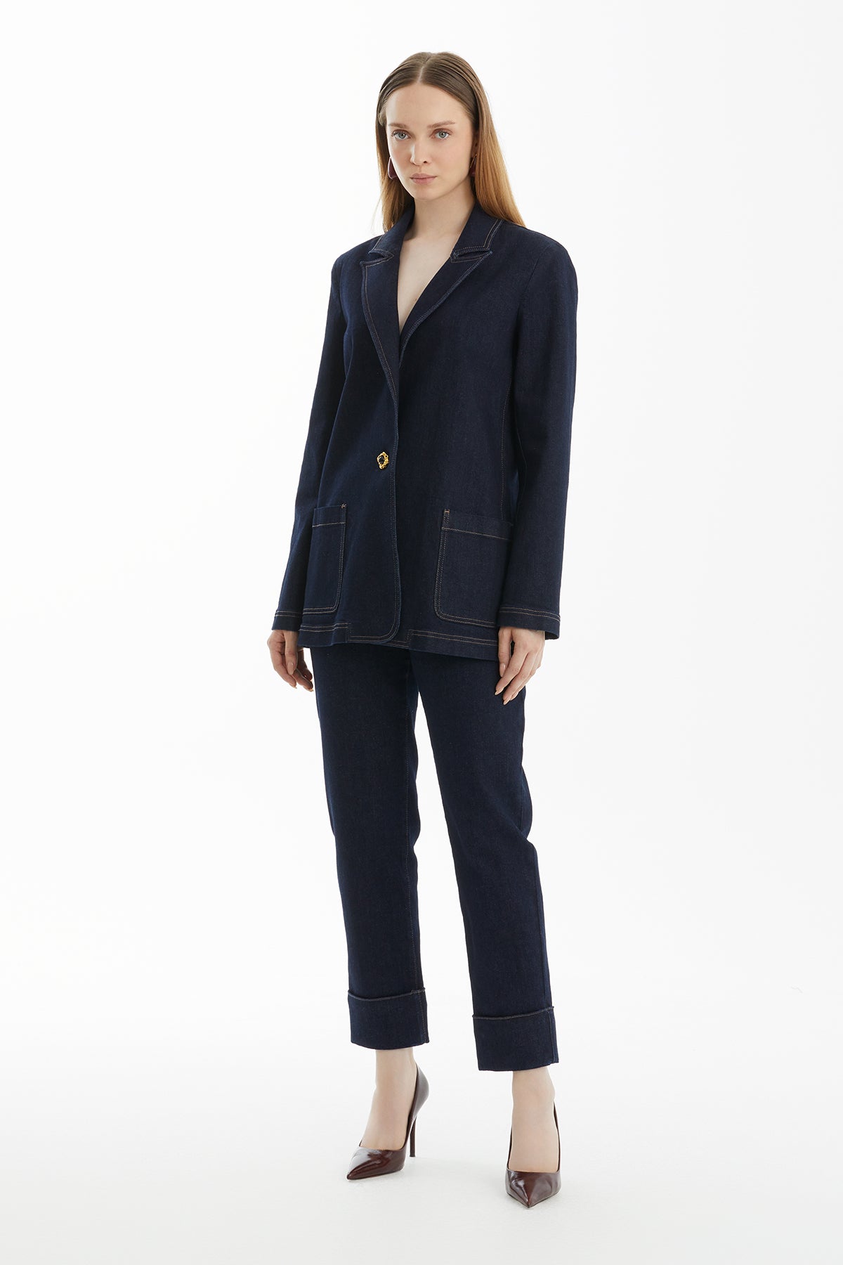Mono Kapamalı Lacivert Denim Ceket