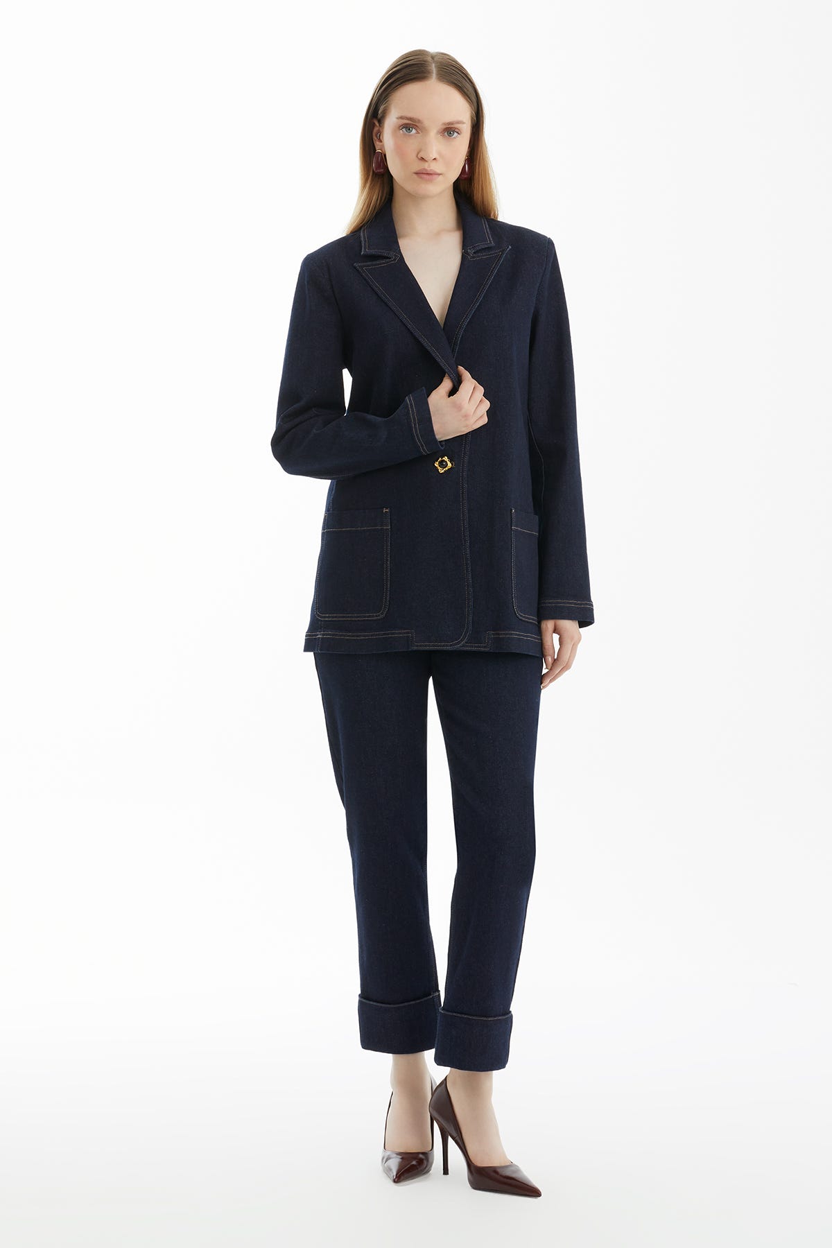 Mono Kapamalı Lacivert Denim Ceket