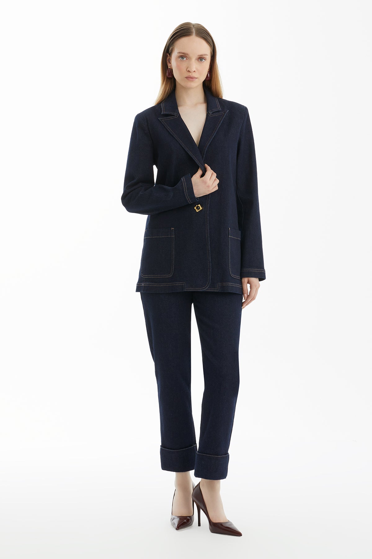 Mono Kapamalı Lacivert Denim Ceket