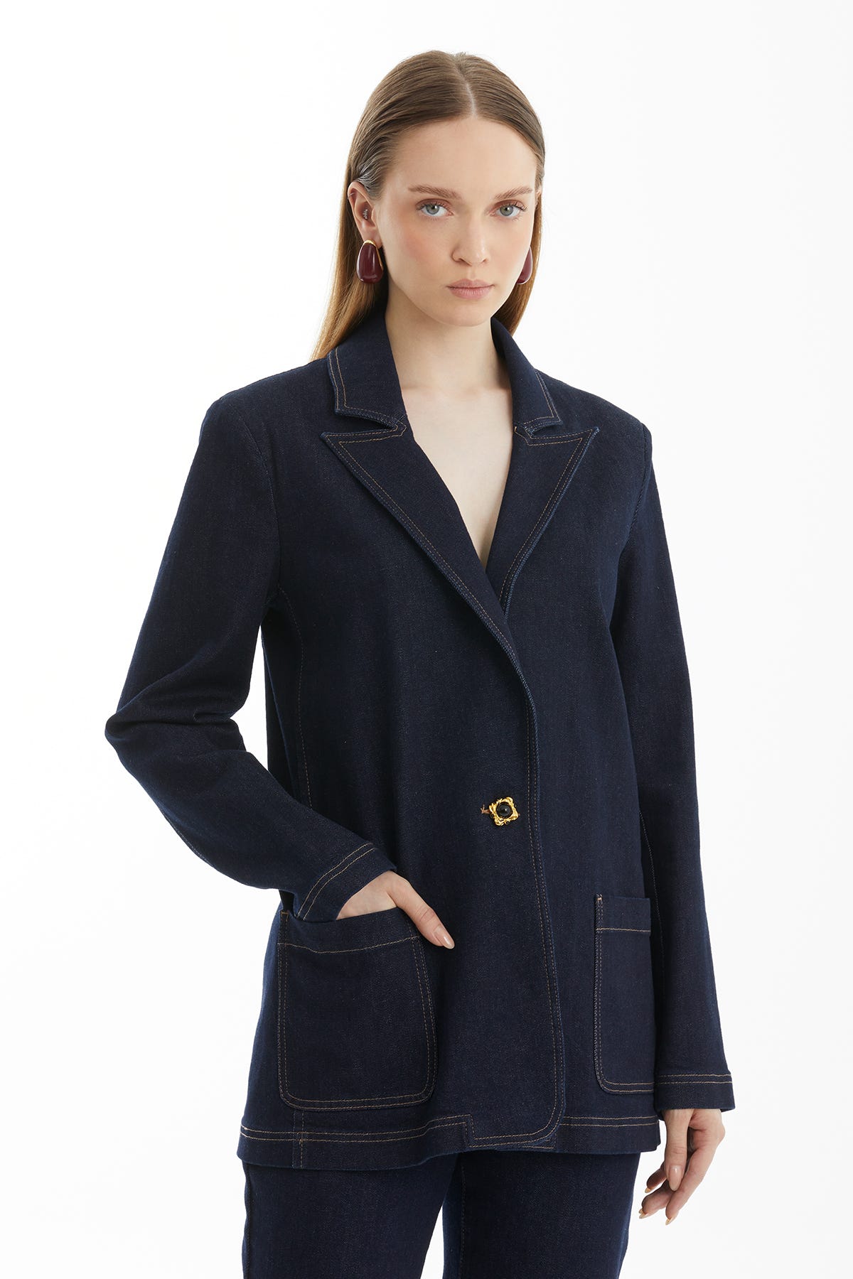 Mono Kapamalı Lacivert Denim Ceket