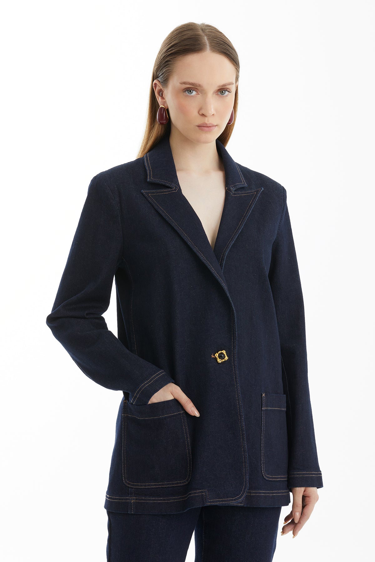 Mono Kapamalı Lacivert Denim Ceket