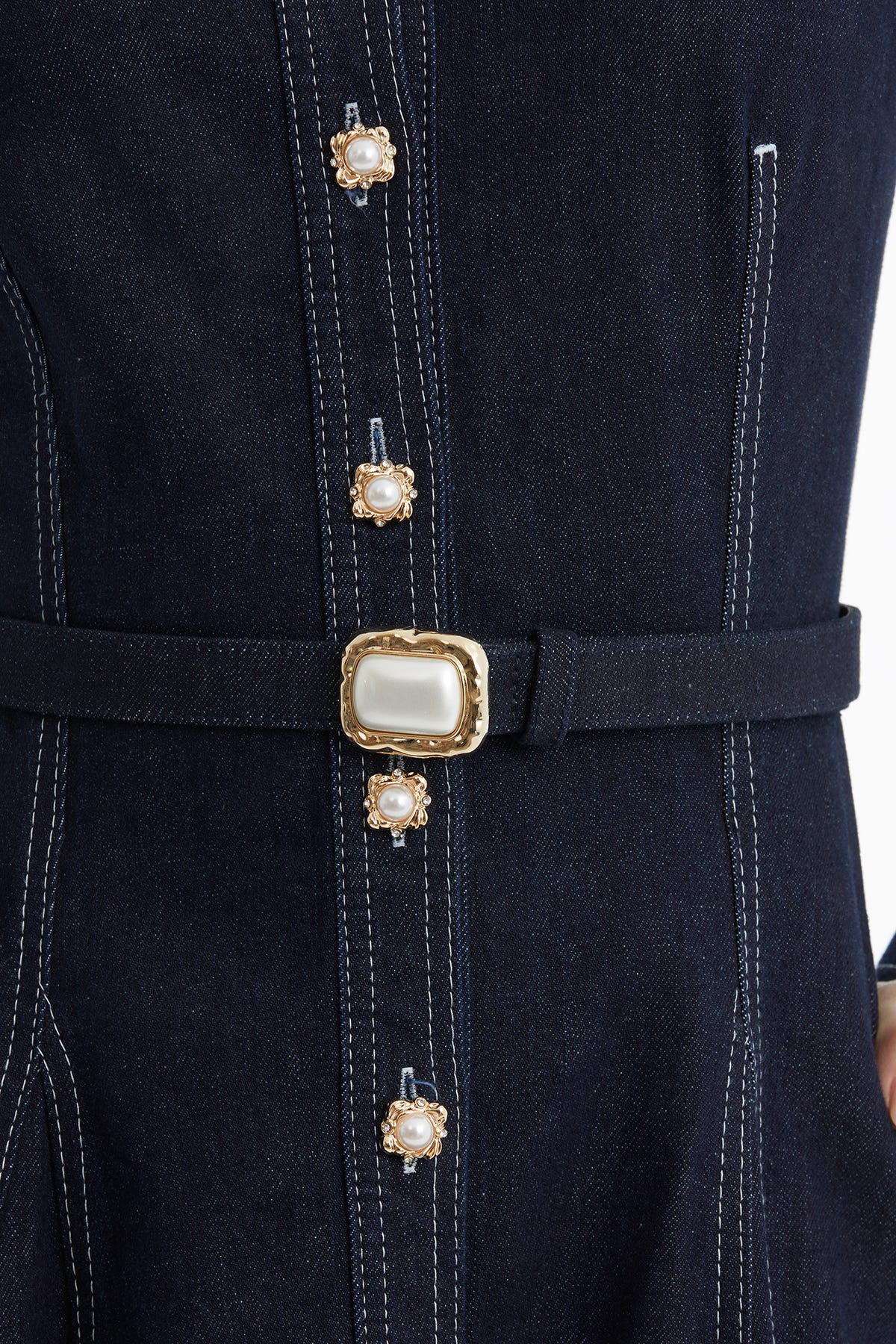 Kontrast Dikişli Kemerli Lacivert Denim Elbise
