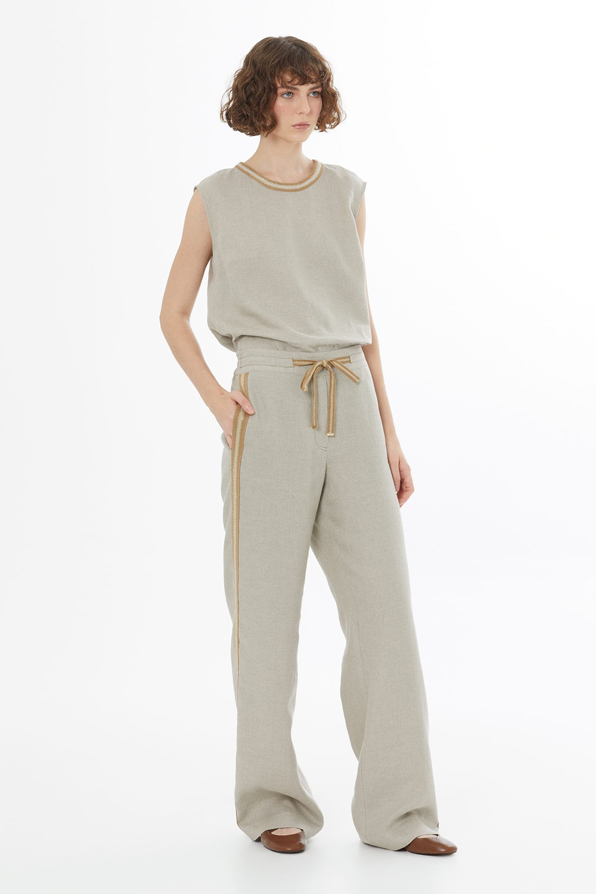 Bağlama Detaylı Bej Keten Pantolon