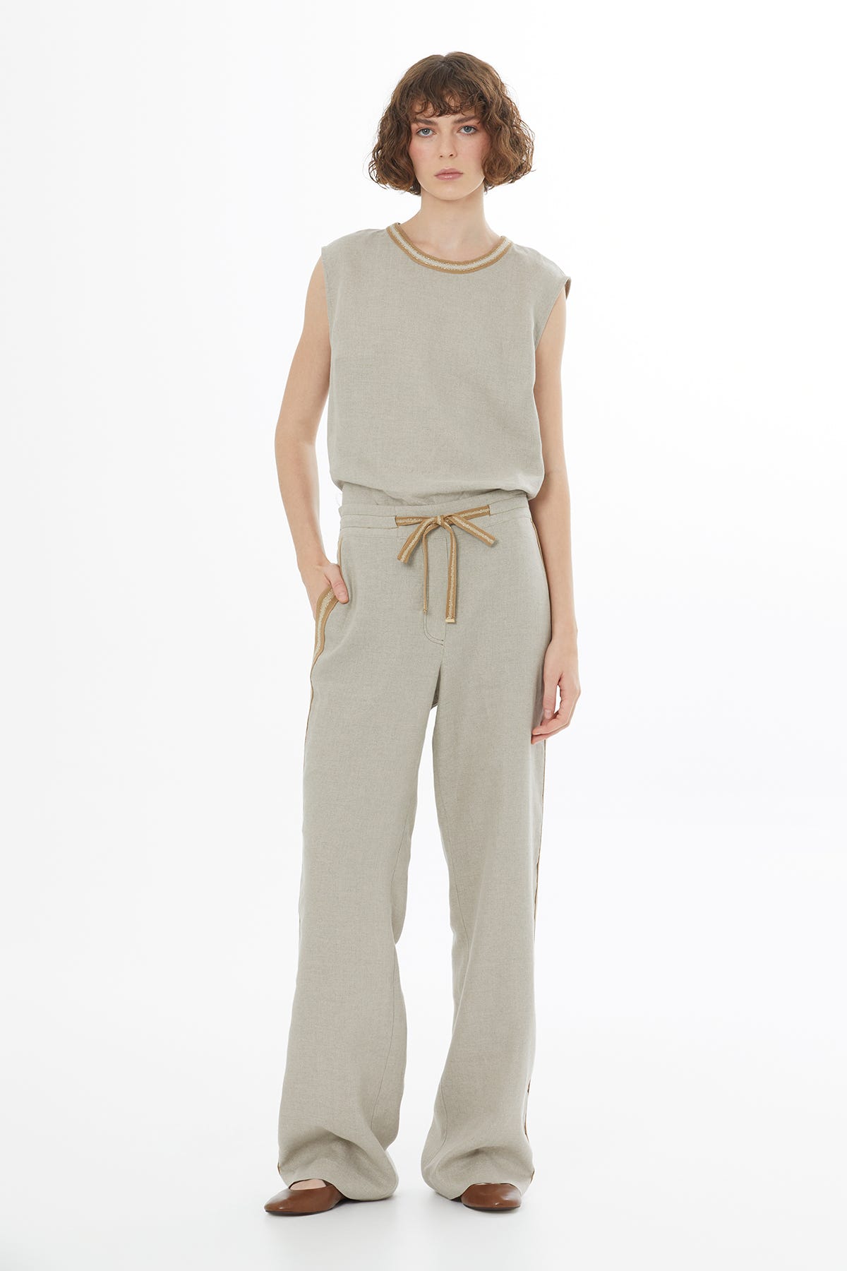 Bağlama Detaylı Bej Keten Pantolon