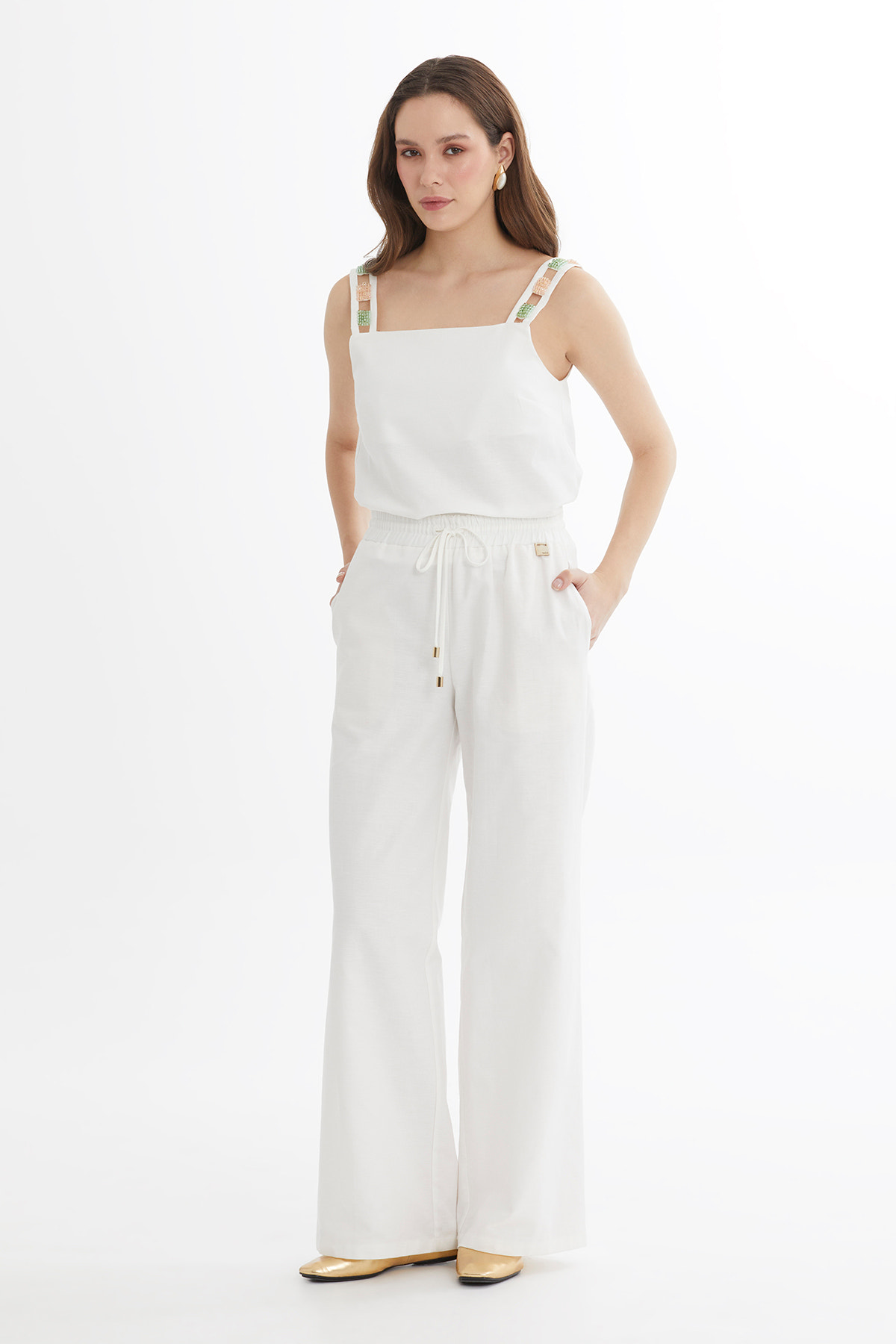 Bağlamalı Bol Paça Ekru Pantolon