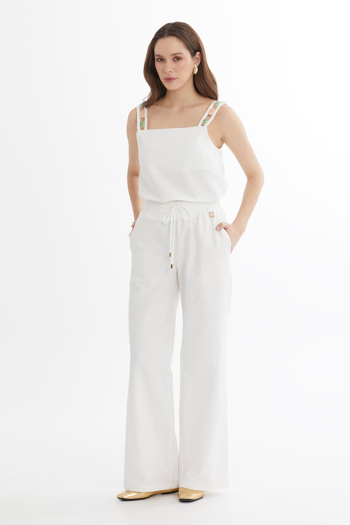 Bağlamalı Bol Paça Ekru Pantolon
