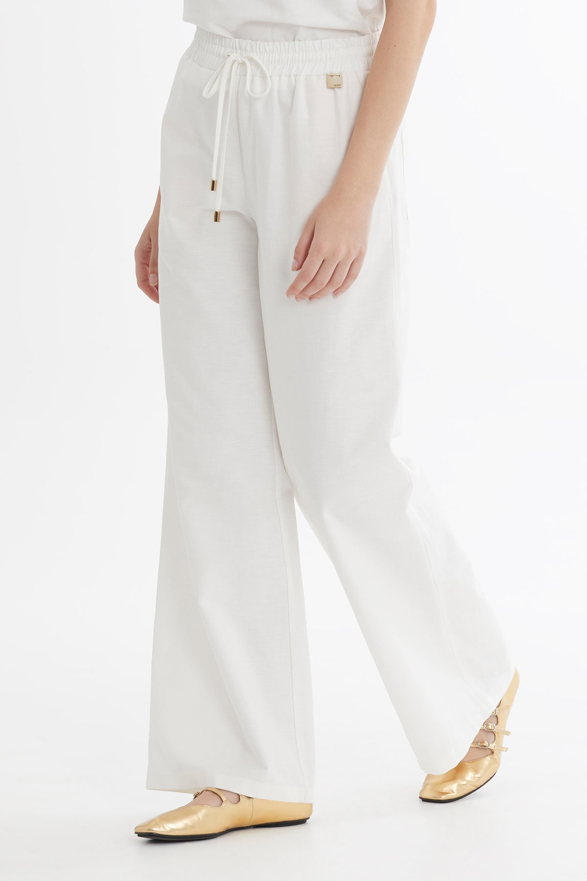Bağlamalı Bol Paça Ekru Pantolon