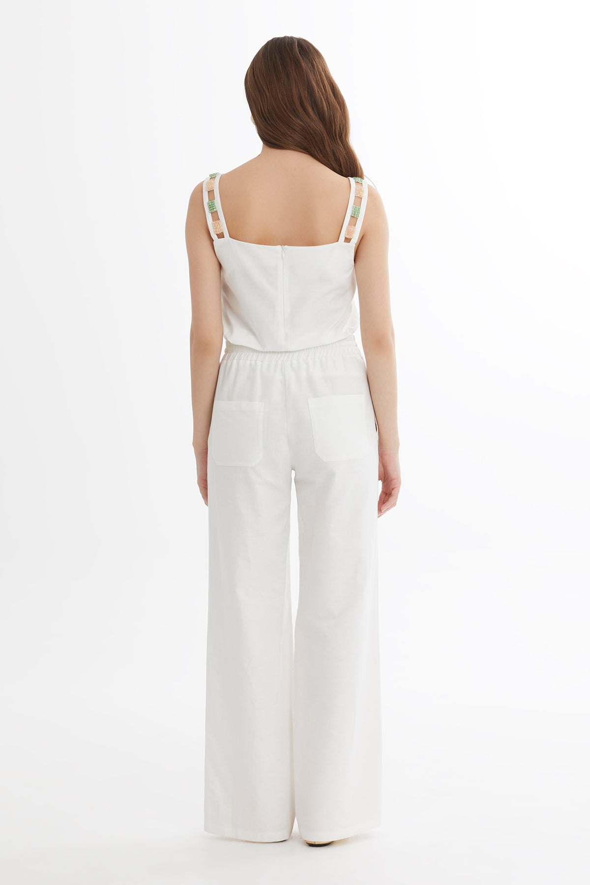 Bağlamalı Bol Paça Ekru Pantolon