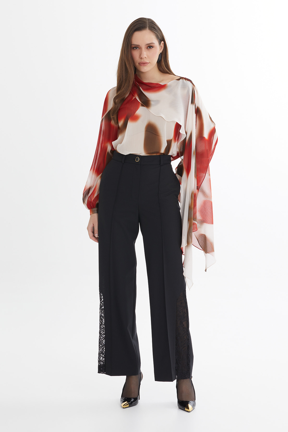 Yün Karışımlı Dantel Detaylı Siyah Pantolon