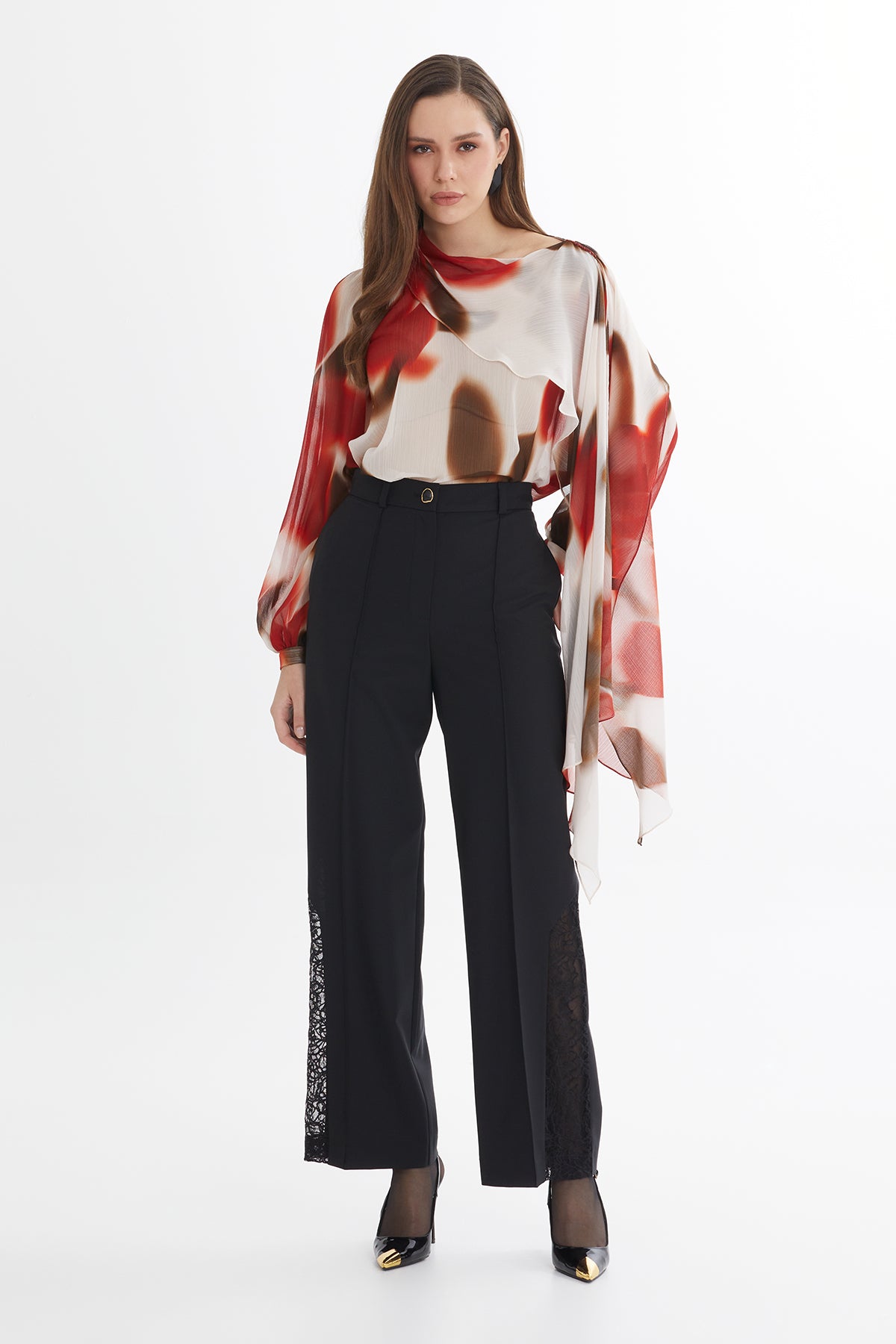 Yün Karışımlı Dantel Detaylı Siyah Pantolon