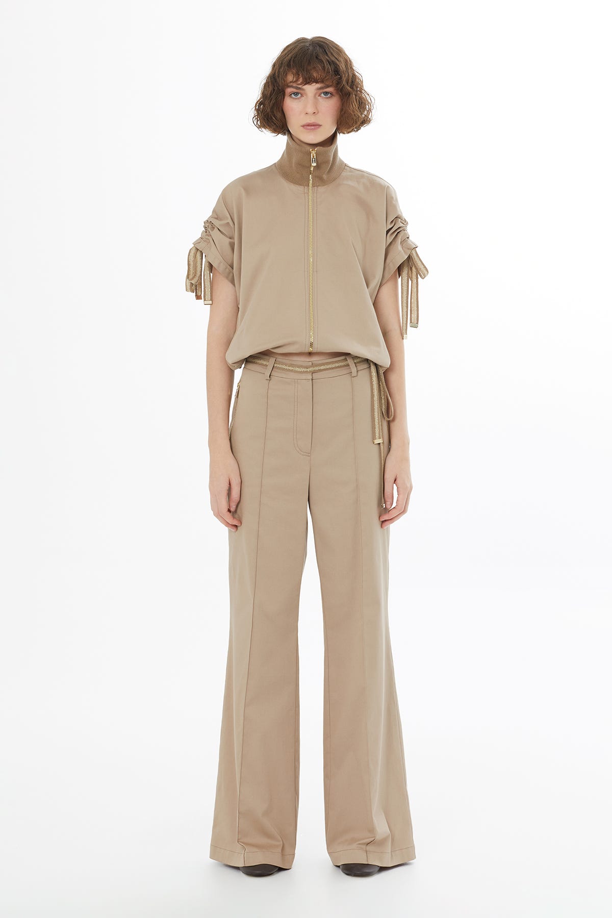 Şerit Triko Bağlamalı Bej Pantolon