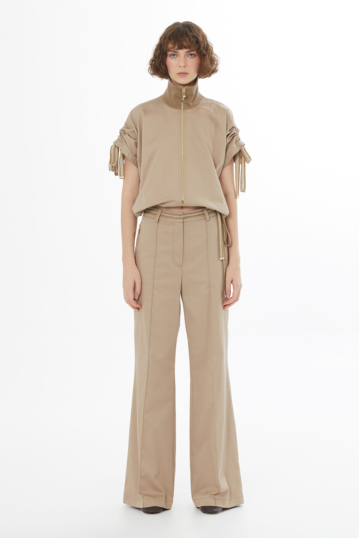 Şerit Triko Bağlamalı Bej Pantolon