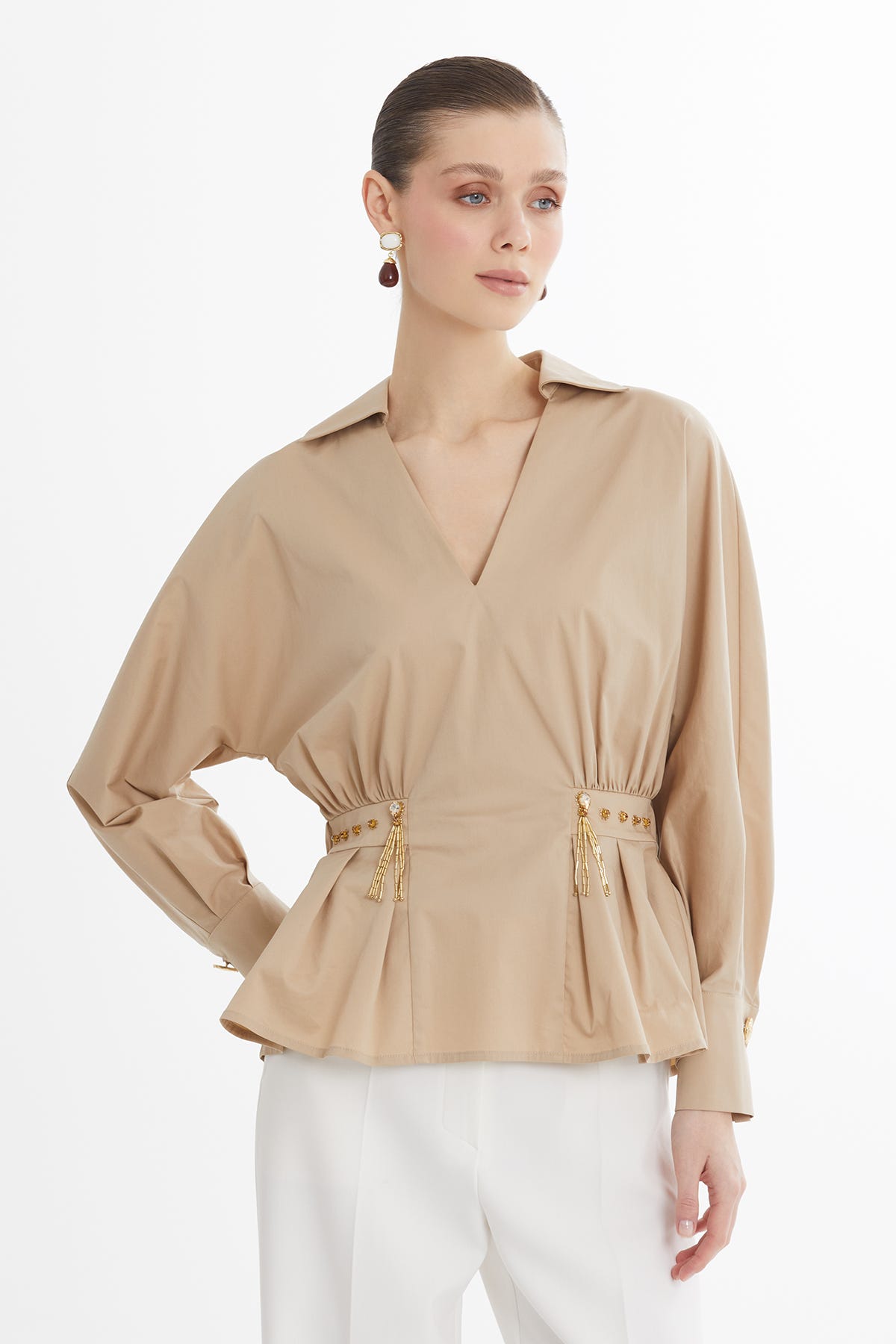 V Yakalı Uzun Kollu Kahverengi Gömlek