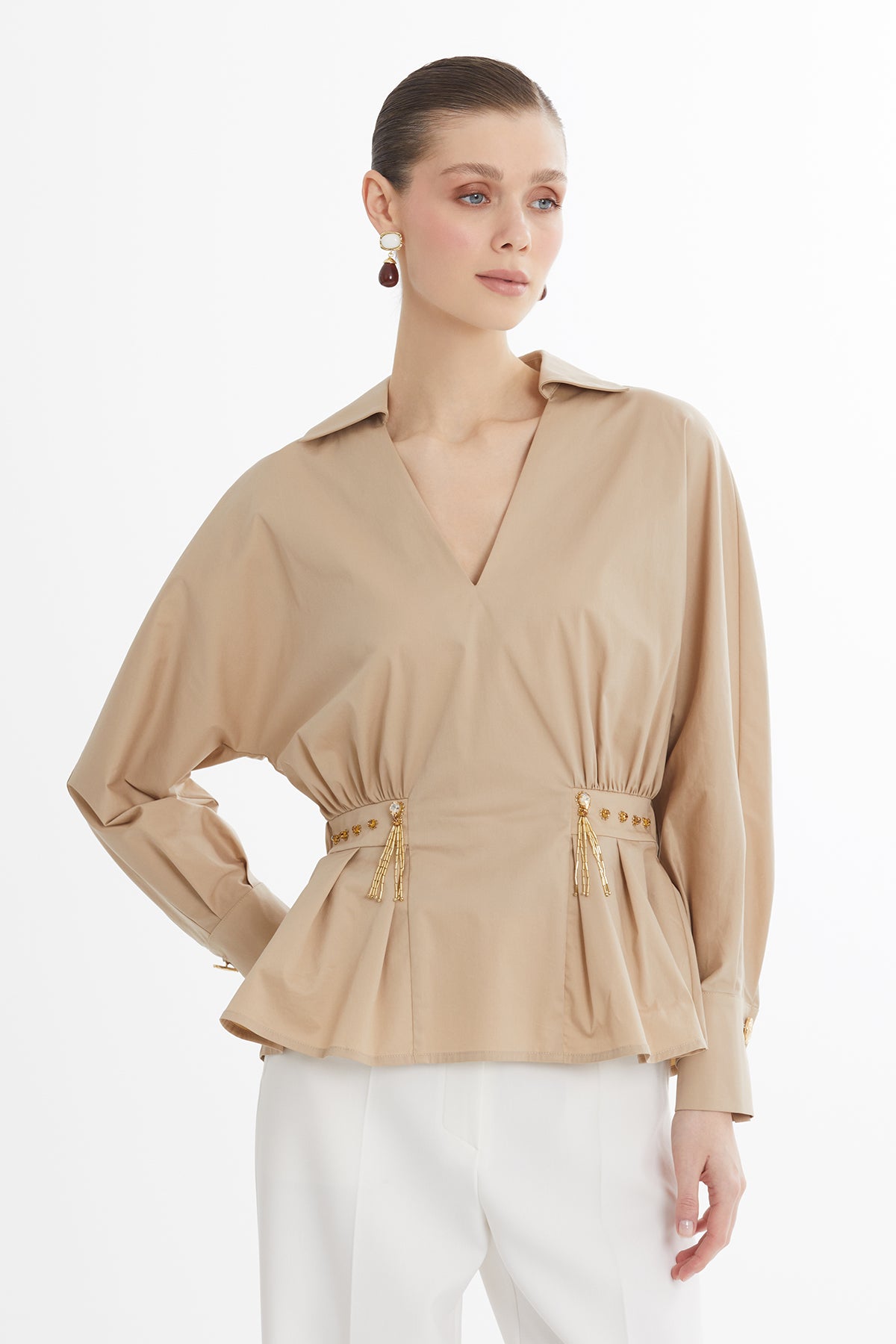 V Yakalı Uzun Kollu Kahverengi Gömlek