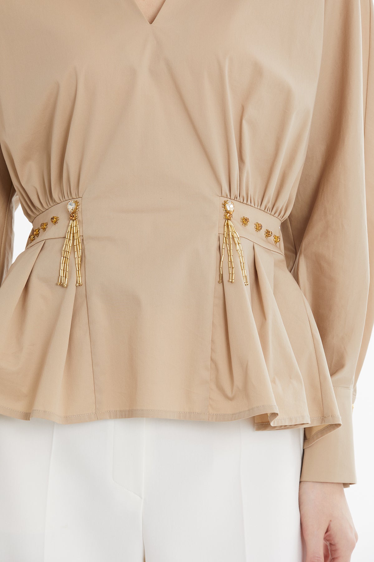 V Yakalı Uzun Kollu Kahverengi Gömlek