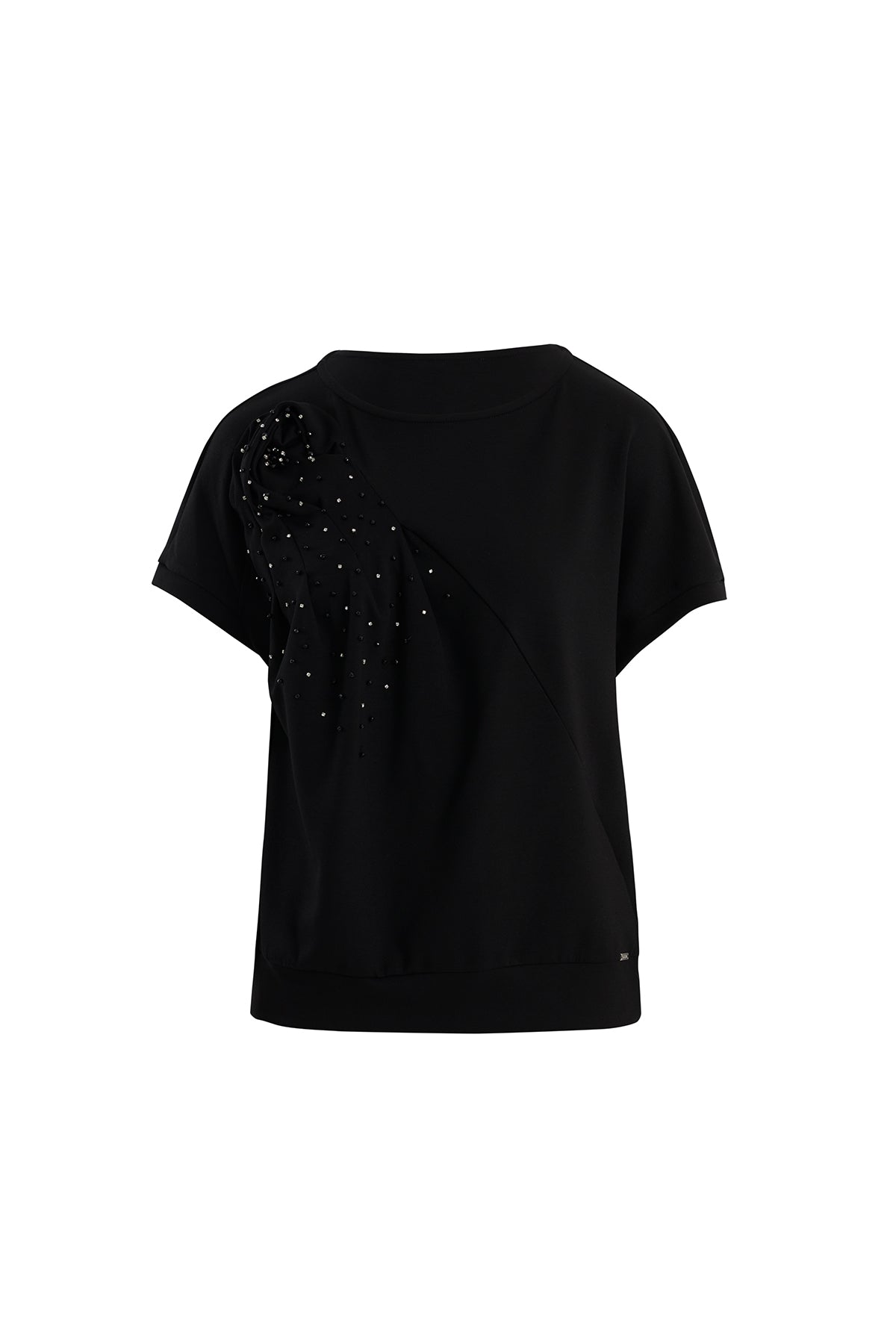 Gül Motifli İşlemeli Siyah Bluz