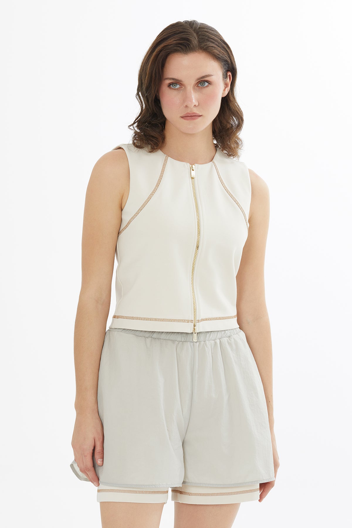 Etiketli Karyoka Dikişli Fermuarlı Bej Bluz