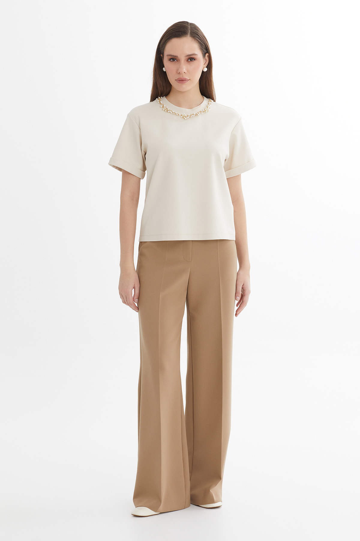 Oversize Taş İşlemeli Bej T-Shirt