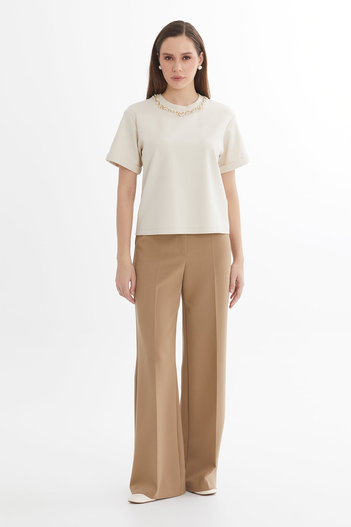 Oversize Taş İşlemeli Bej T-Shirt