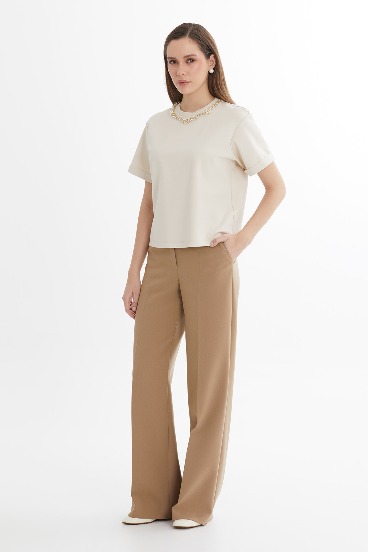Oversize Taş İşlemeli Bej T-Shirt