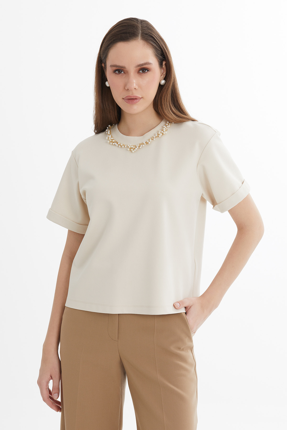 Oversize Taş İşlemeli Bej T-Shirt