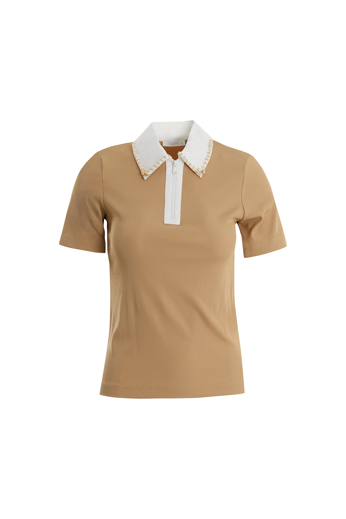 Yakası İşlemeli Fermuarlı Bej T-Shirt