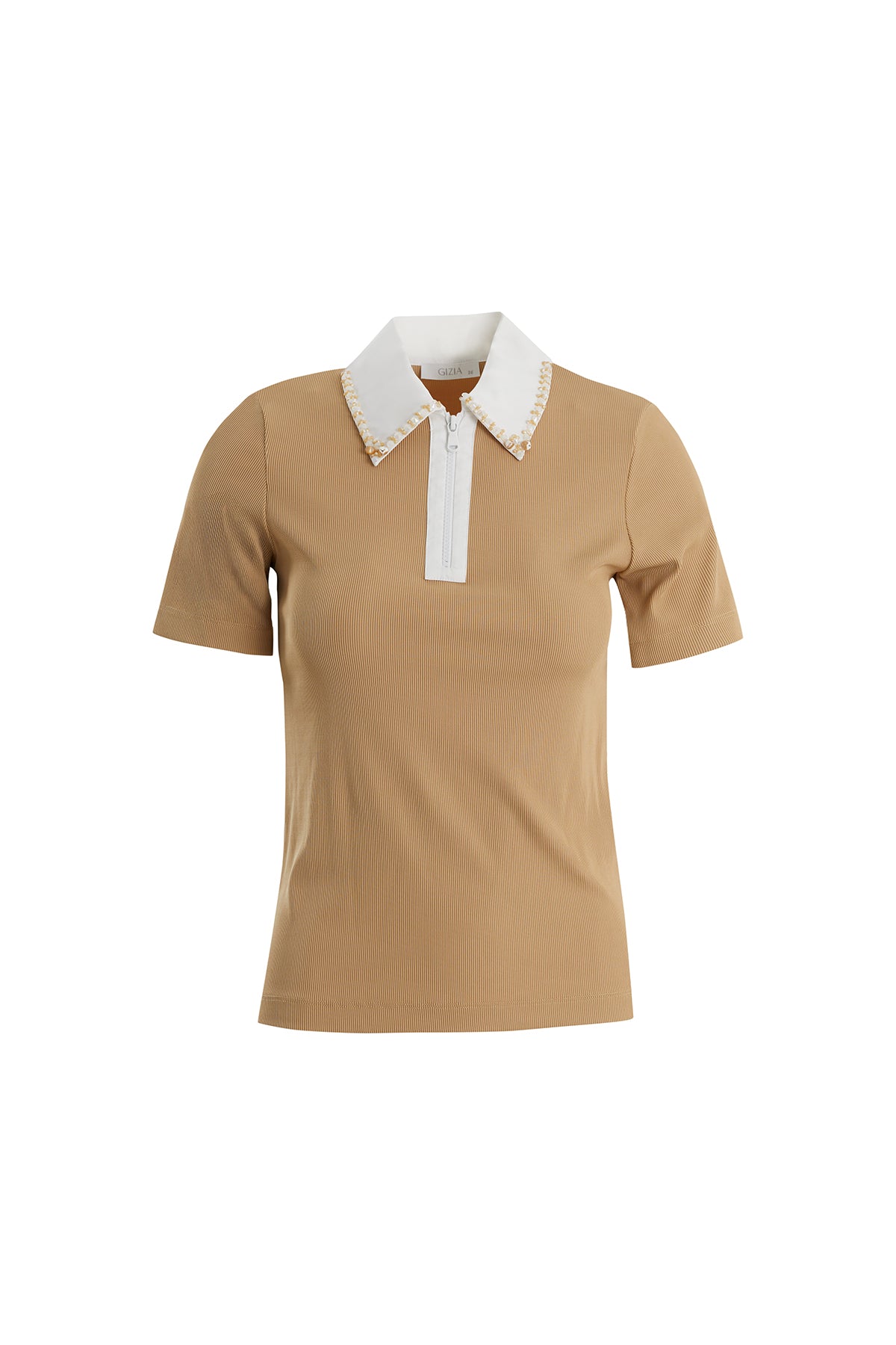 Yakası İşlemeli Fermuarlı Bej T-Shirt
