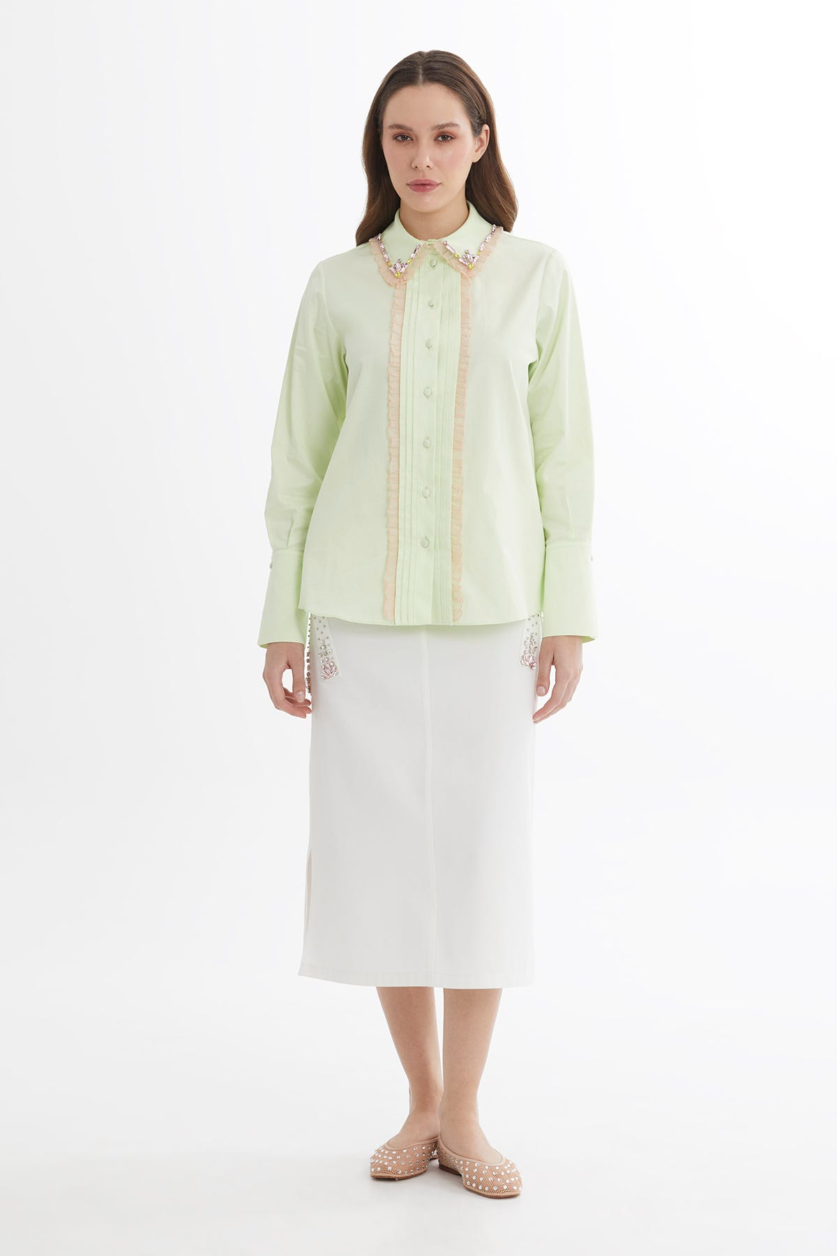 İşlemeli Yeşil Gömlek
