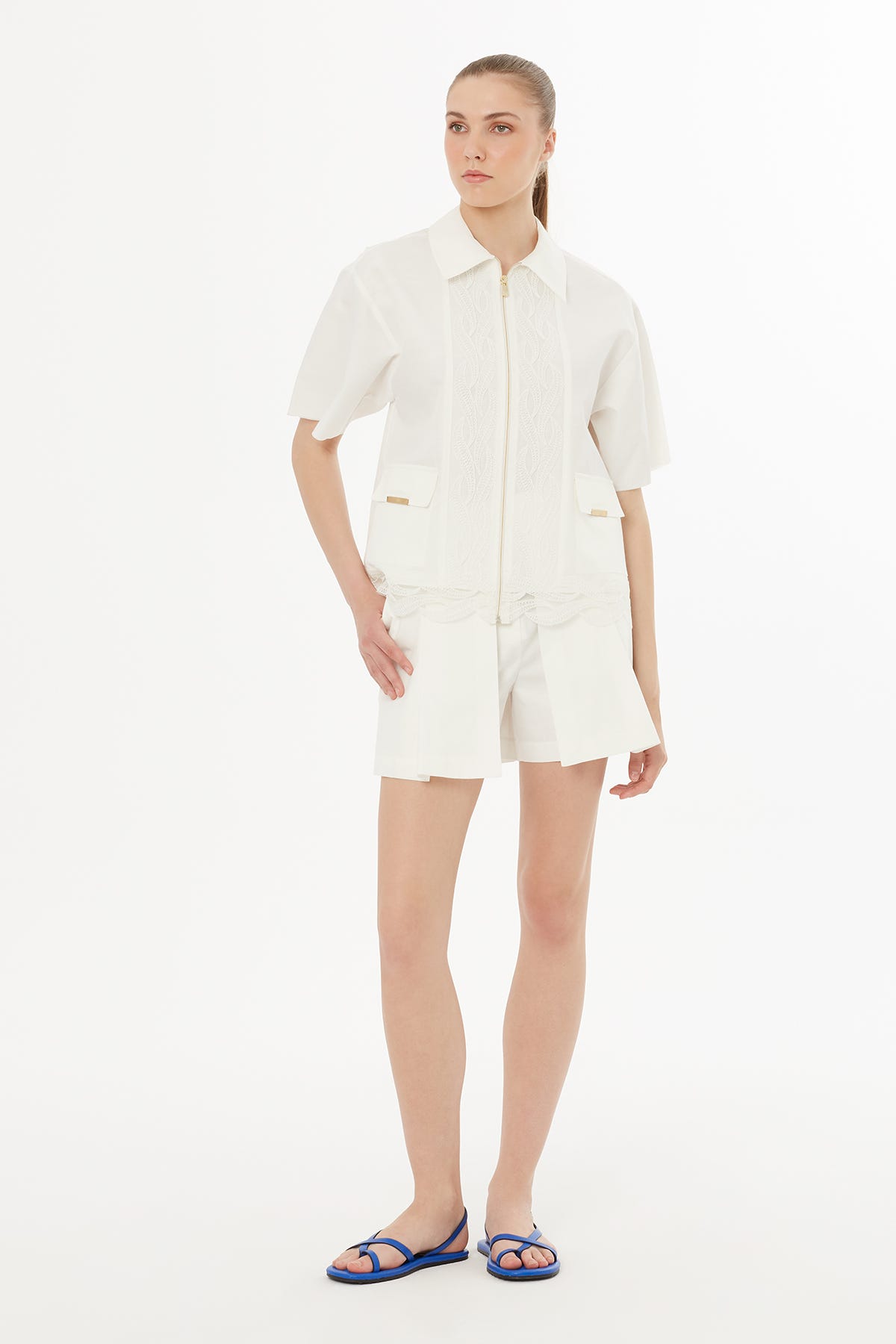 Cepli Kısa Kollu Ekru Gömlek