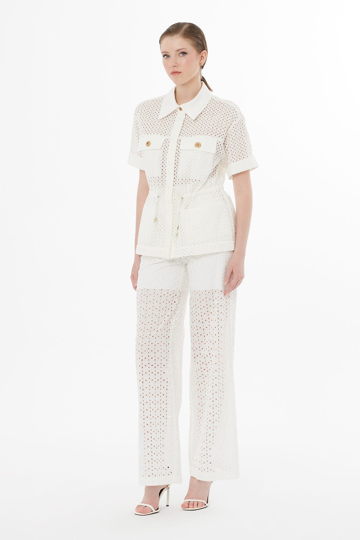 Beli Lastikli Kısa Kollu Ekru Gömlek