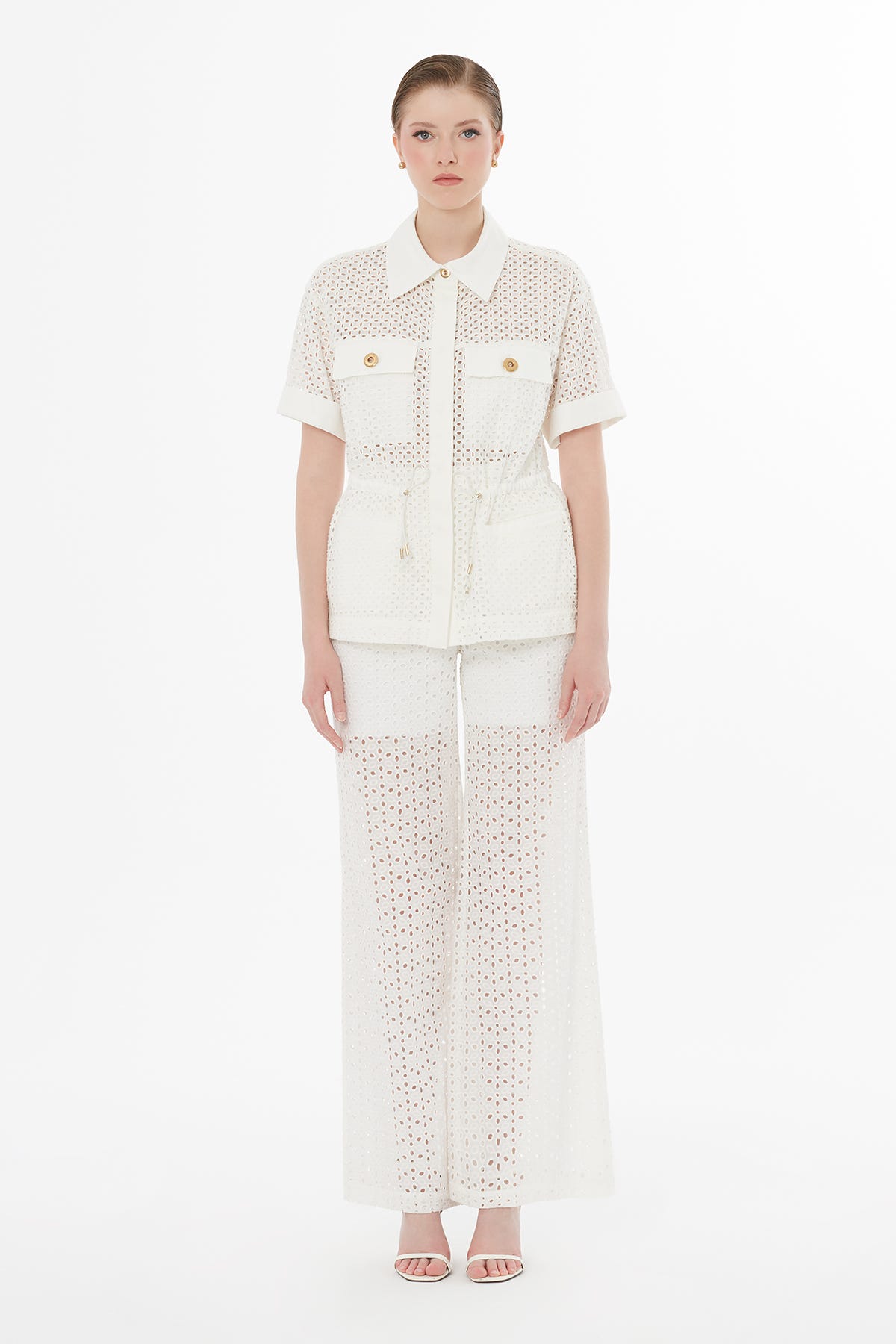 Beli Lastikli Kısa Kollu Ekru Gömlek