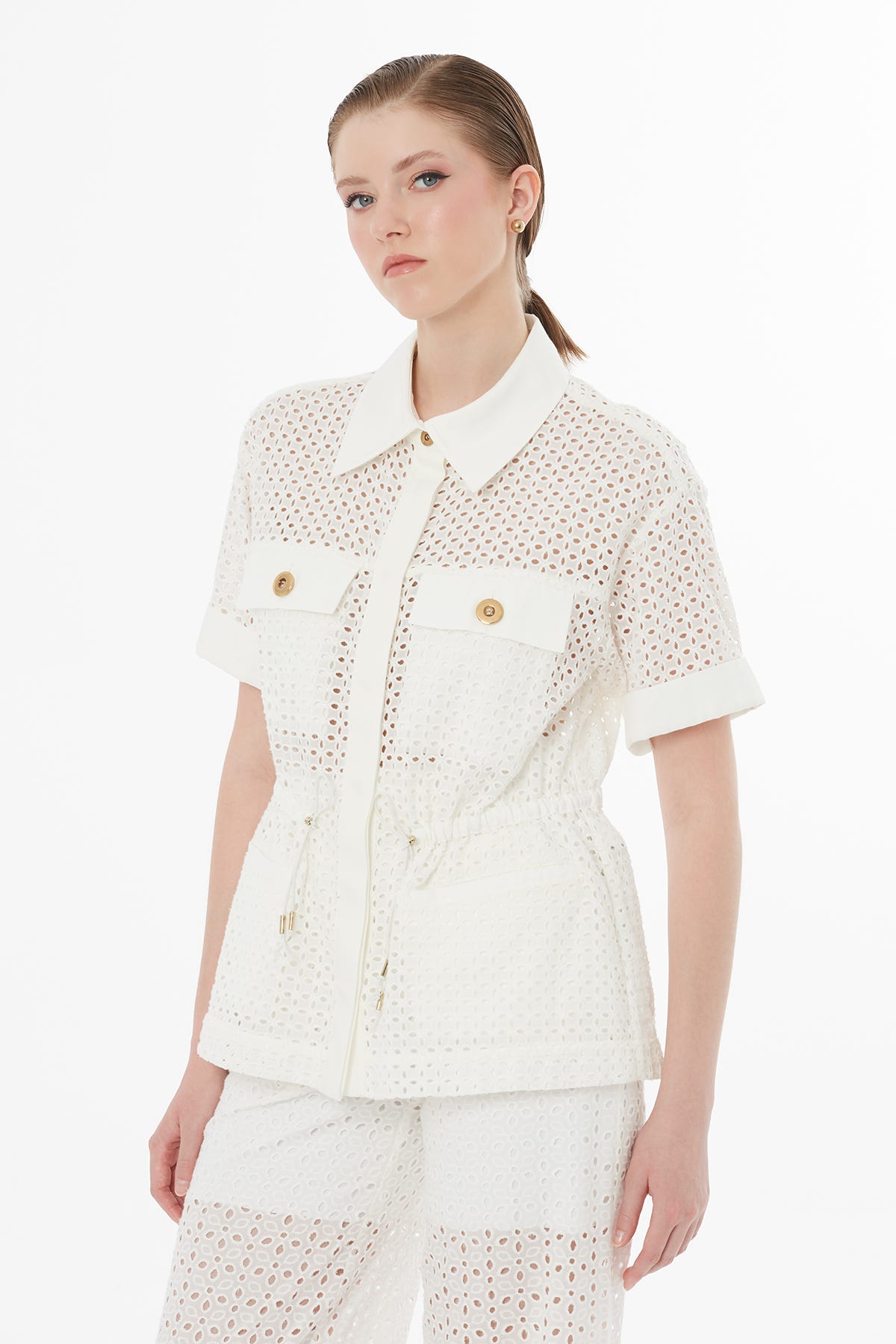 Beli Lastikli Kısa Kollu Ekru Gömlek