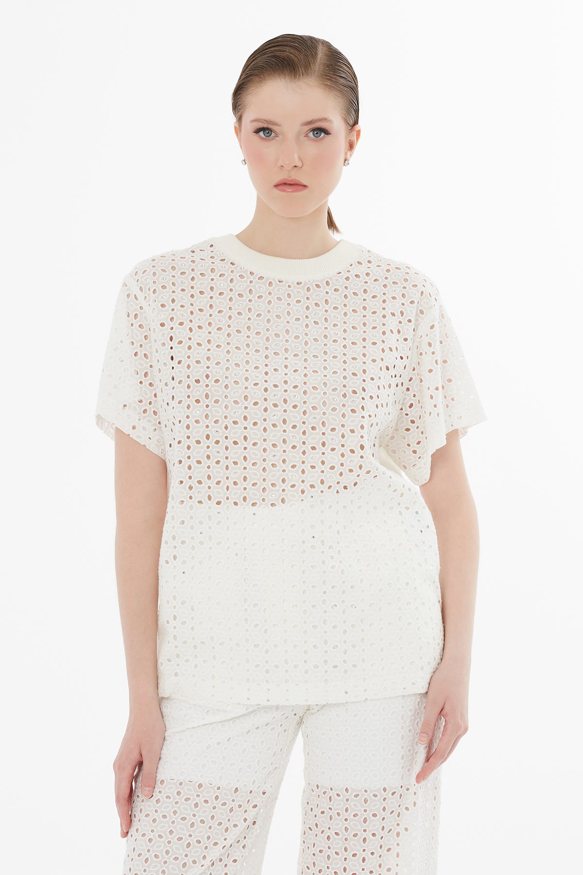 Taş Baskı Detaylı Kadın Ekru T-Shirt