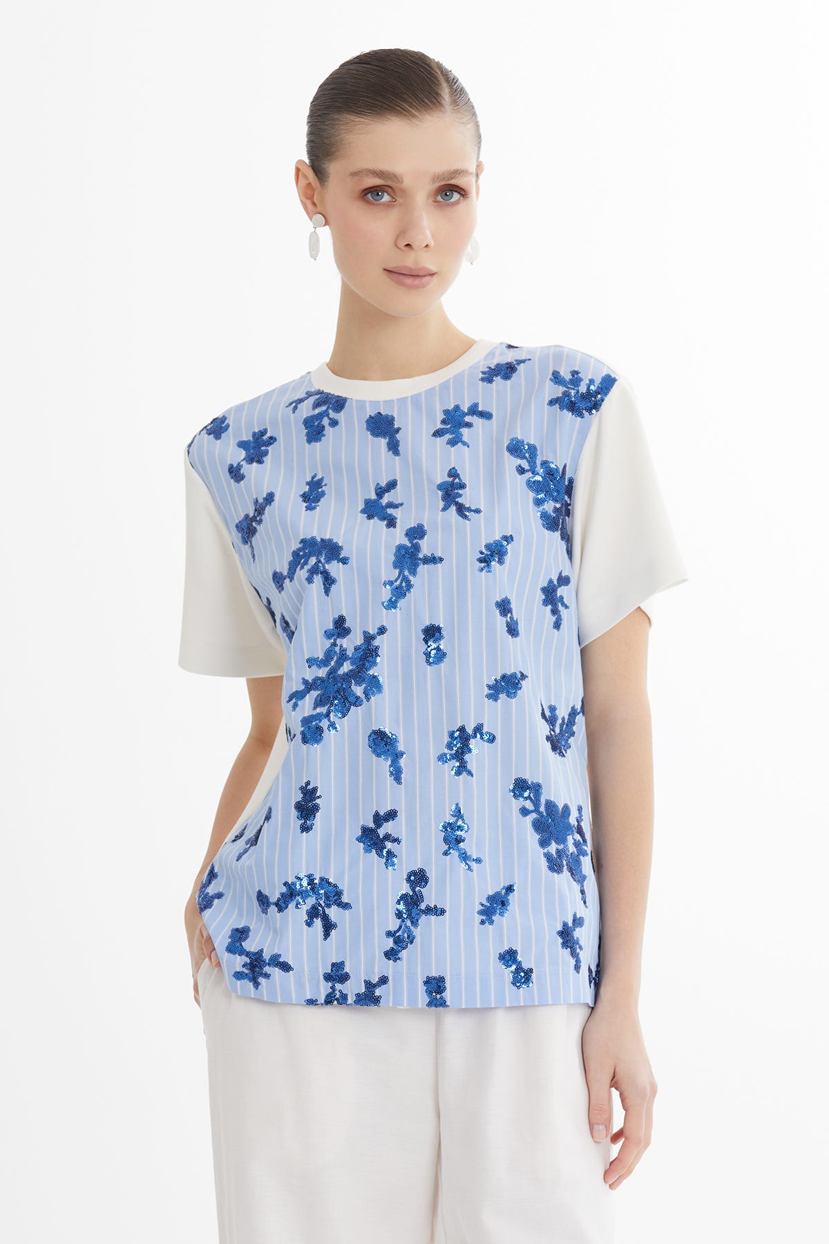 Çizgili Payetli Mavi T-Shirt