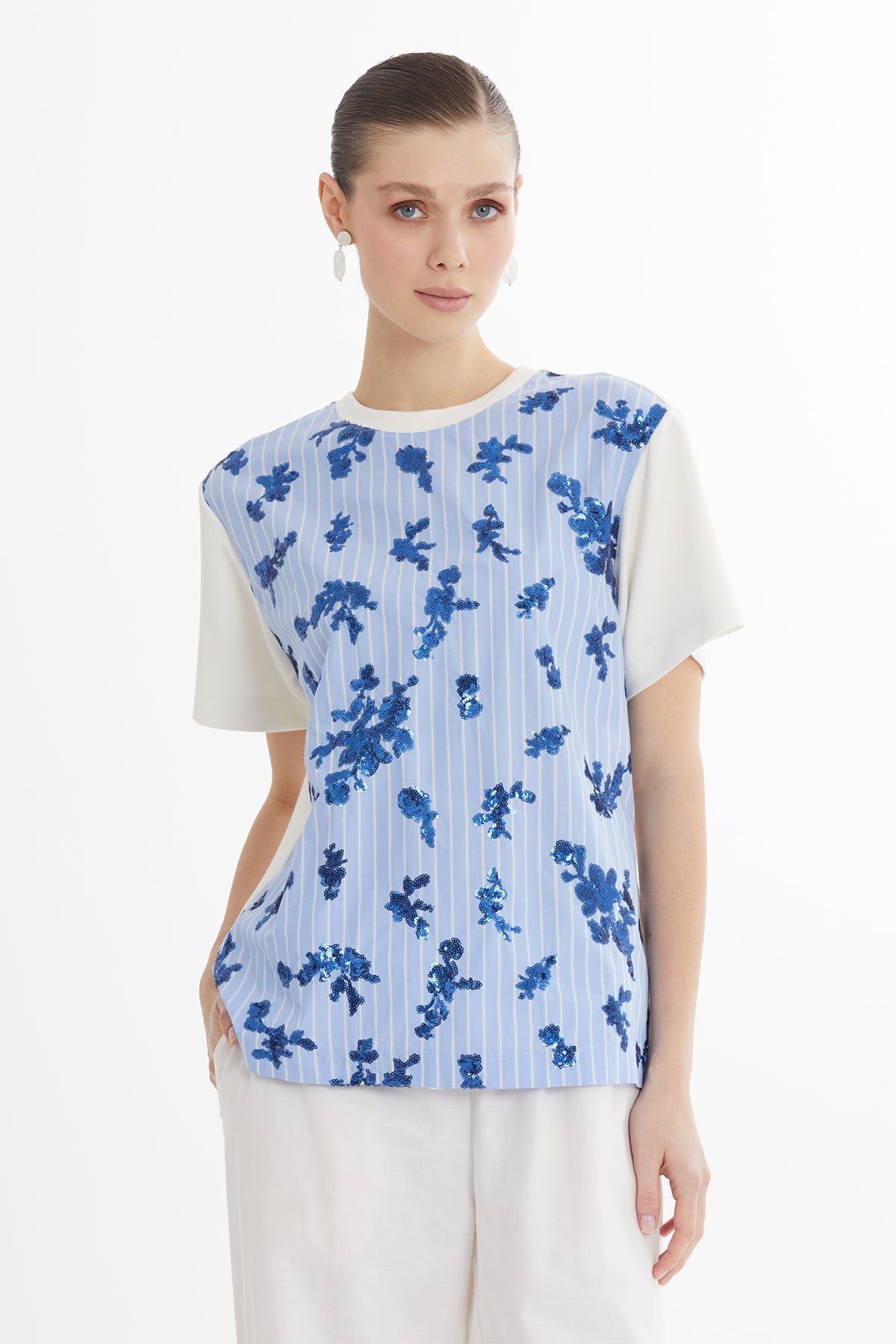 Çizgili Payetli Mavi T-Shirt