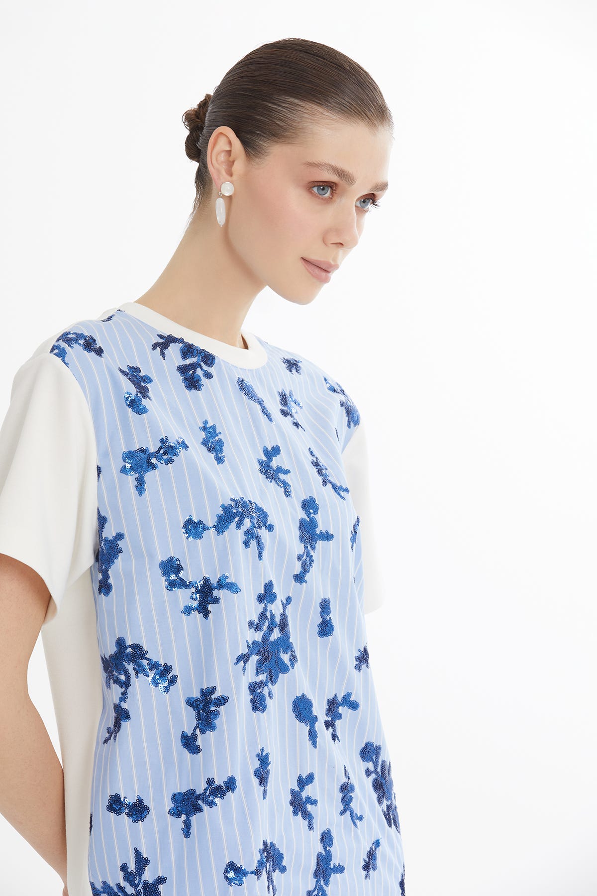 Çizgili Payetli Mavi T-Shirt