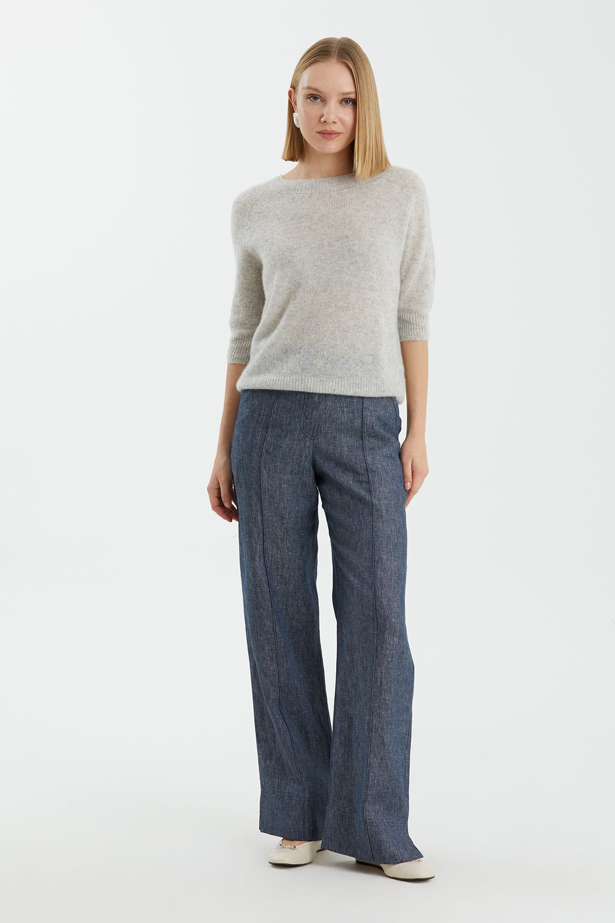 Kaşmir İpek Karışımlı Bisiklet Yaka Gri Triko