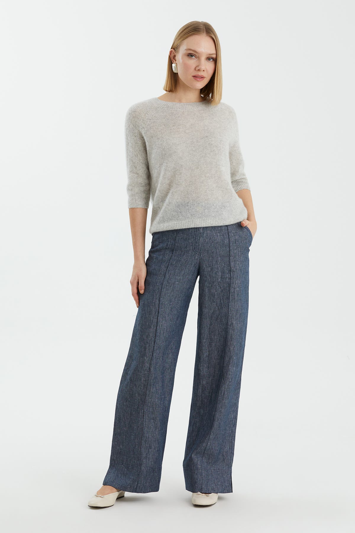 Kaşmir İpek Karışımlı Bisiklet Yaka Gri Triko