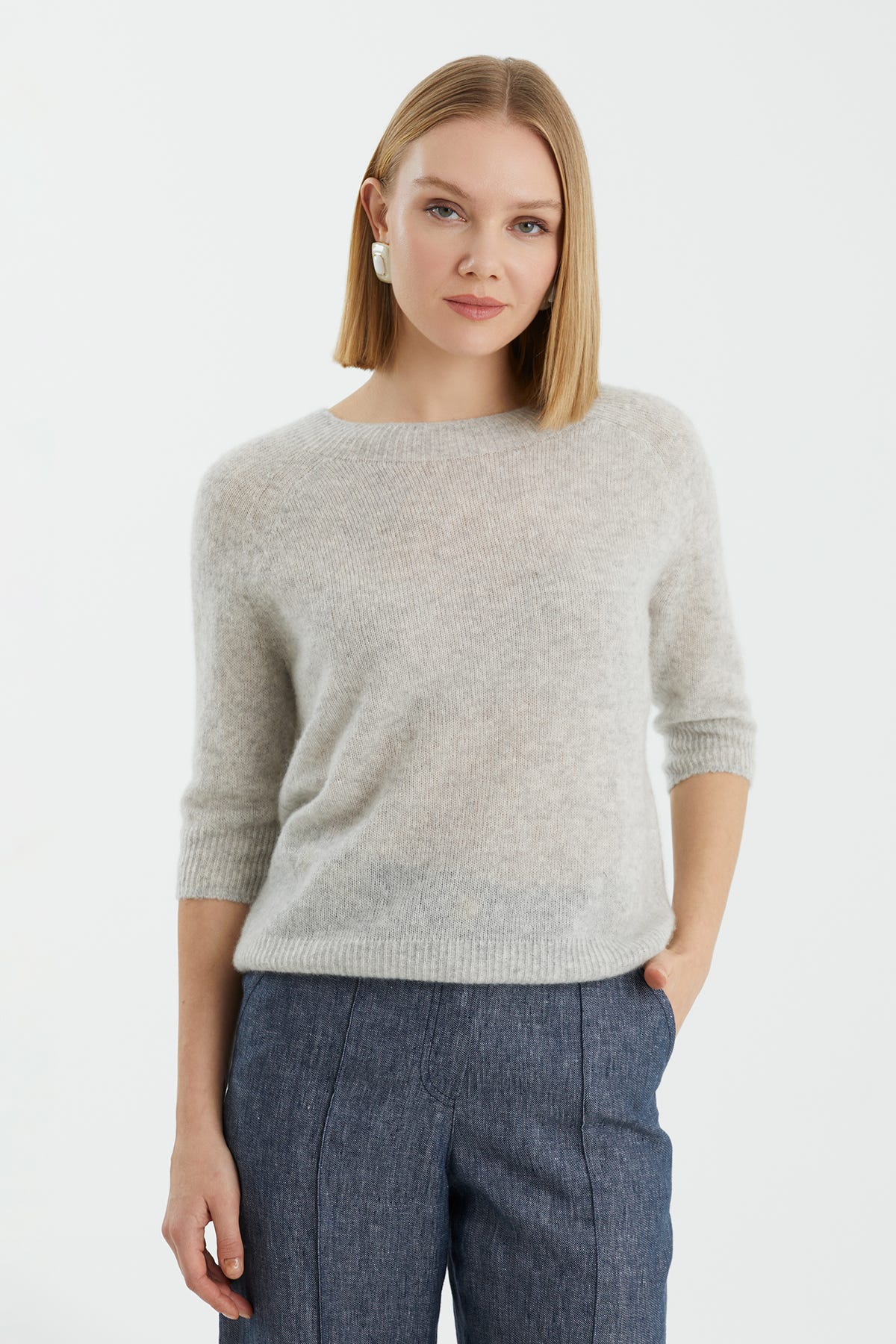 Kaşmir İpek Karışımlı Bisiklet Yaka Gri Triko