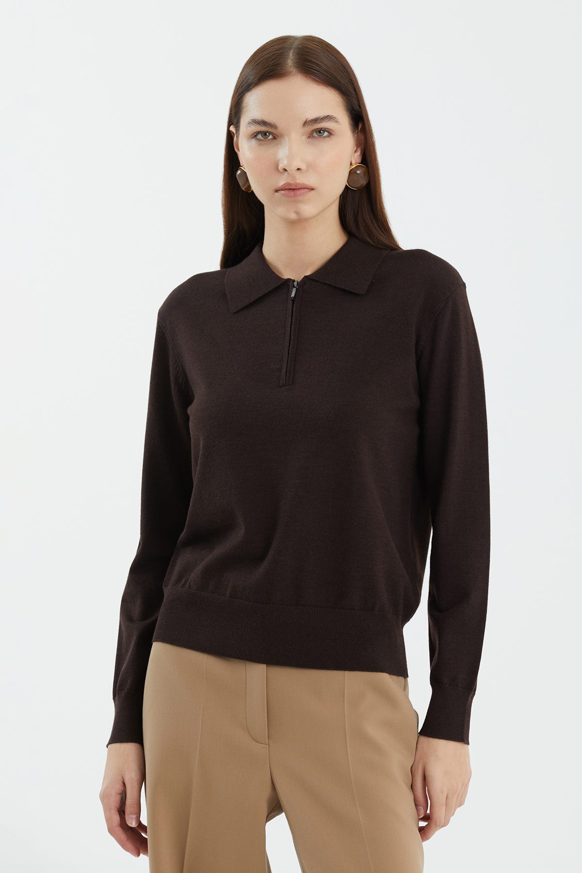 Yün ve İpek Karışımlı Kahverengi Triko